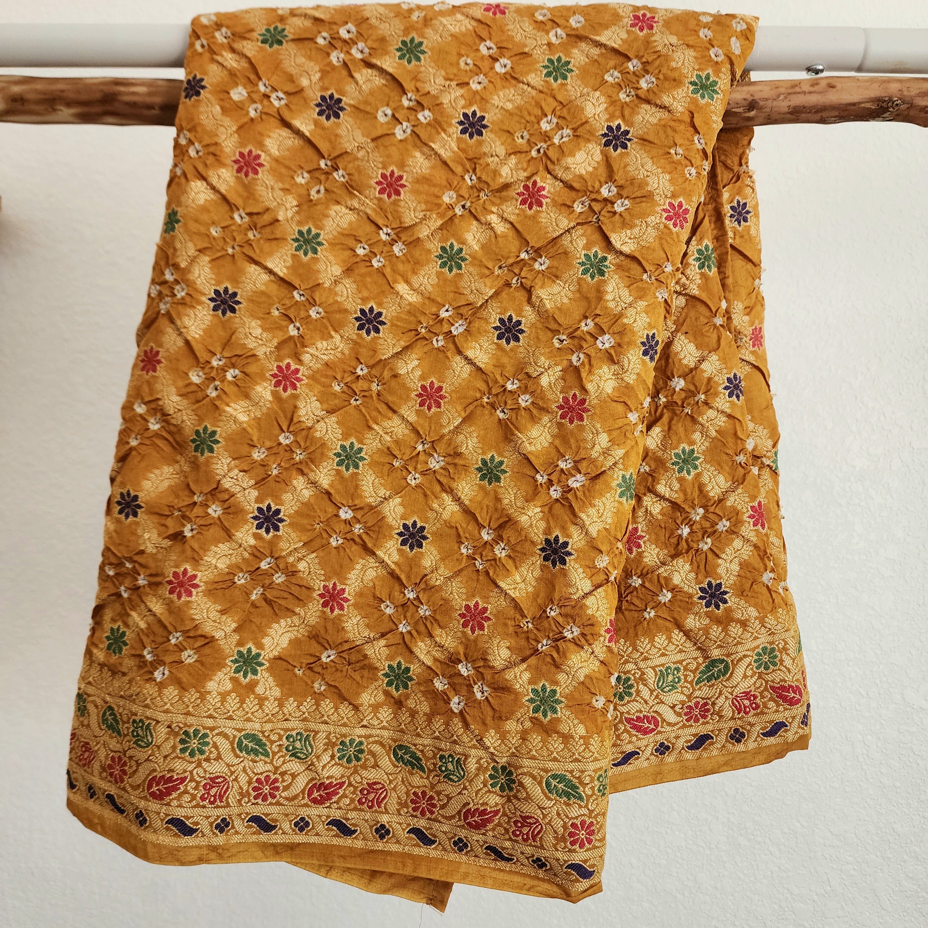 Mustard Yellow Bandhni dupatta with Banarasi Meenakari work