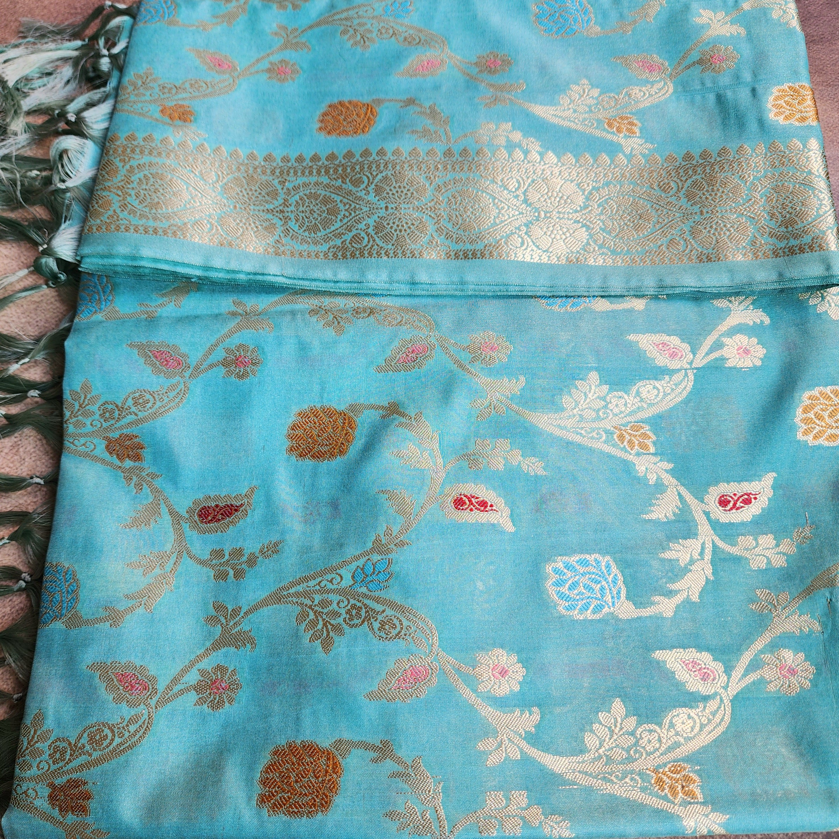 Pastel Sky Blue Banarasi Silk Dupatta with Gold Zari Border & Multicolor Meenakari Work