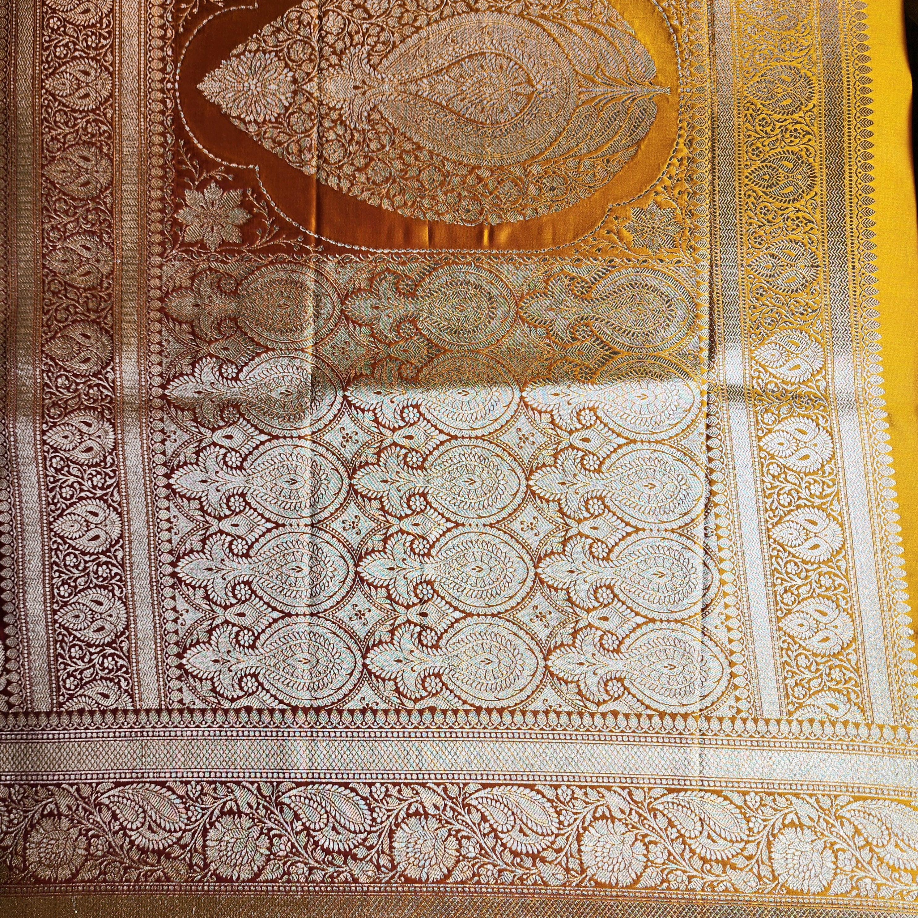 Rich Marigold Yellow Pure Banarasi Katan Silk Saree with light Gold Zari Weaving