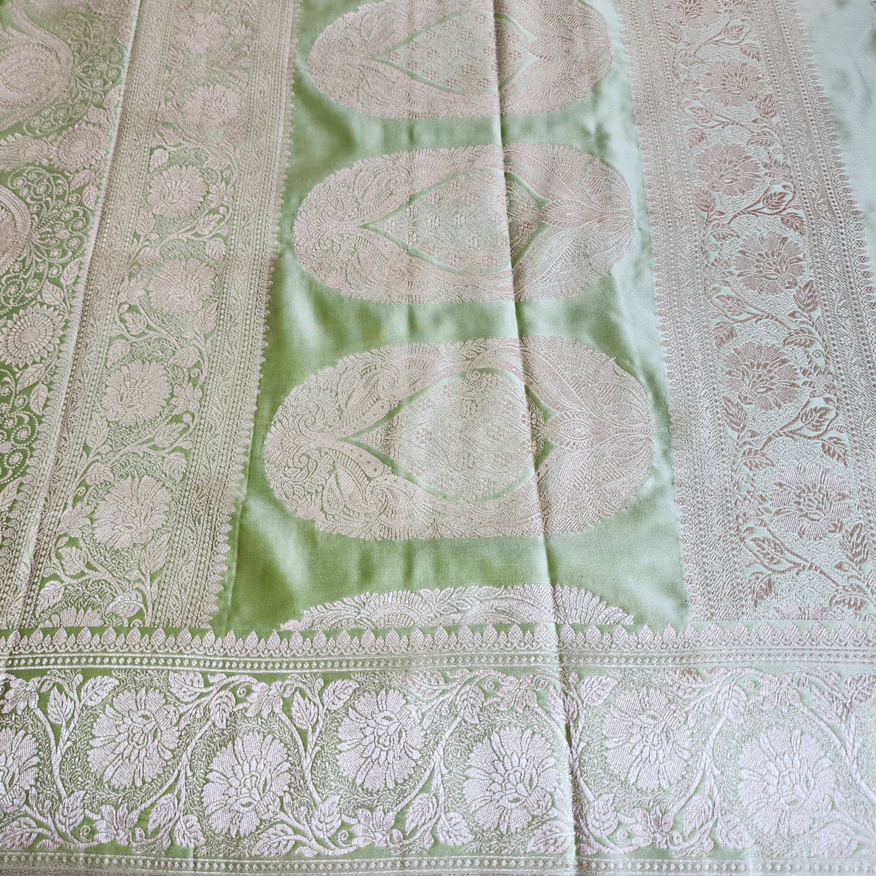 Pastel Sage Green Banarasi Katan Silk Saree with Light Gold Zari weaving