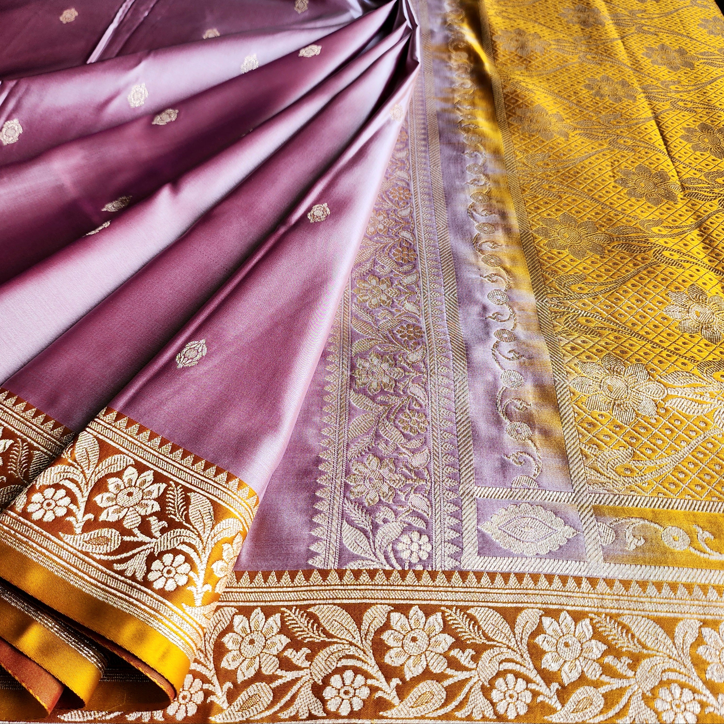 Dusty Rose Pink Katan Silk Saree with Mustard and Gold Zari Border