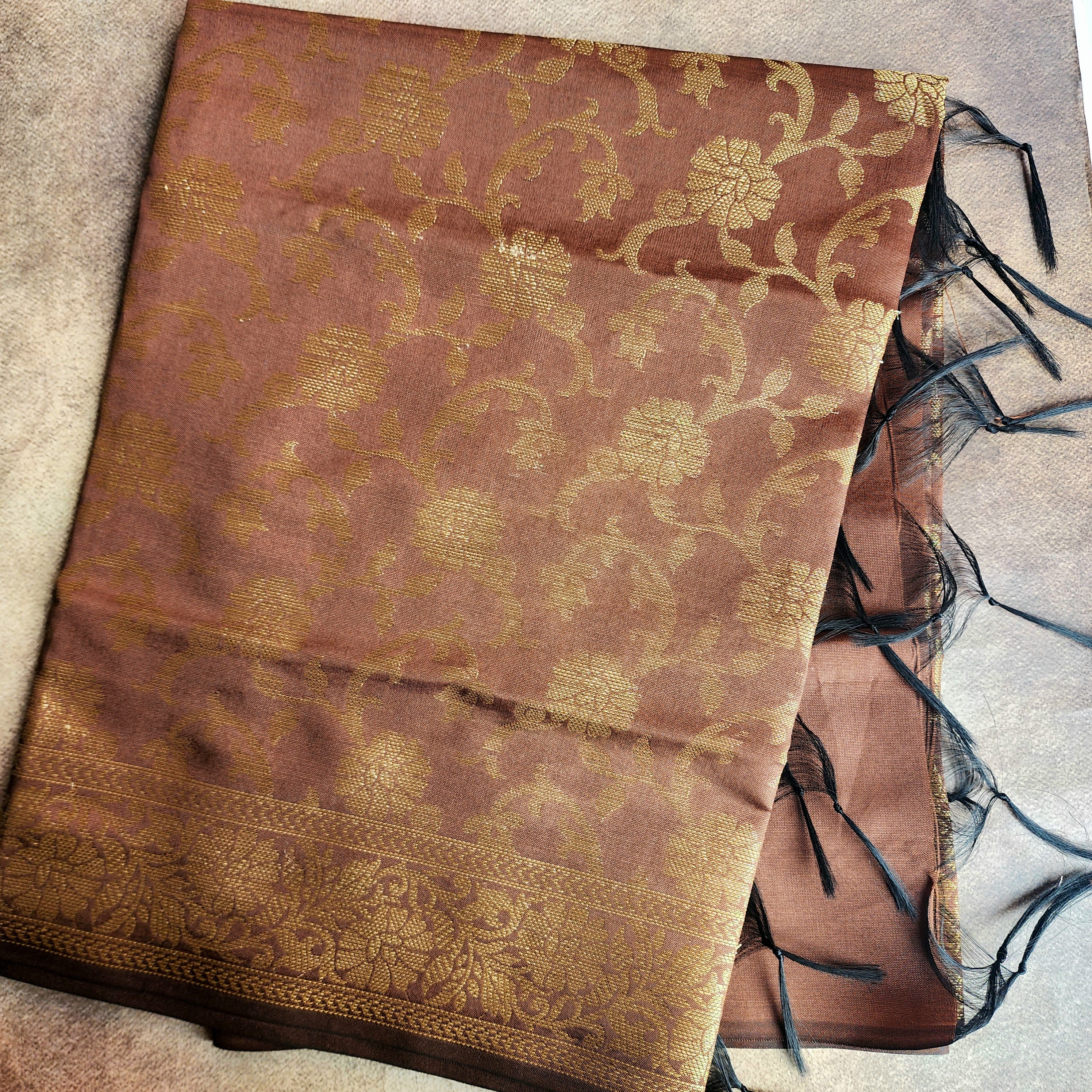 Copper Brown Banarasi Tapetta Silk Dupatta with Gold Floral Weave