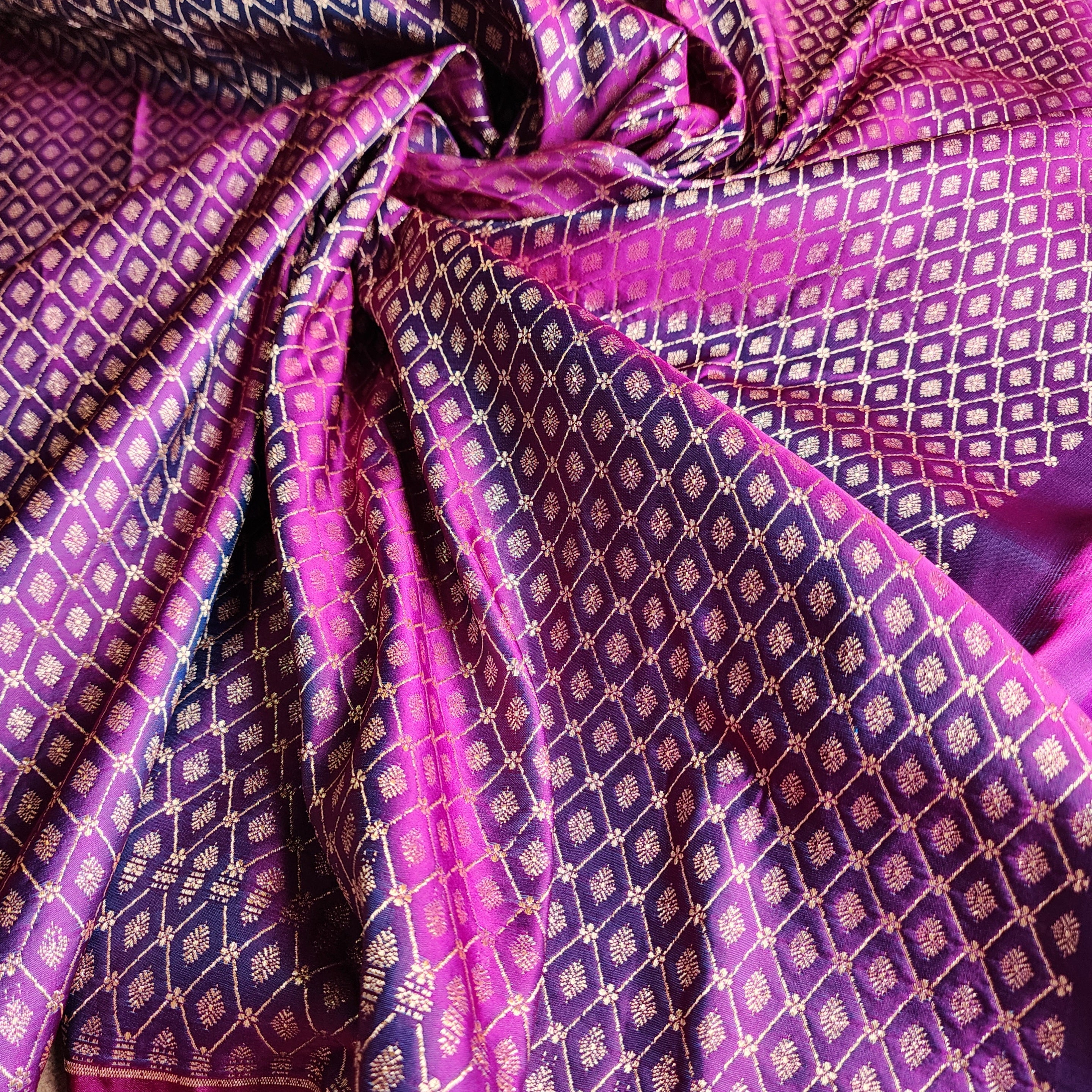 Teal Blue Katan Silk Saree with Purple and Gold Zari Border