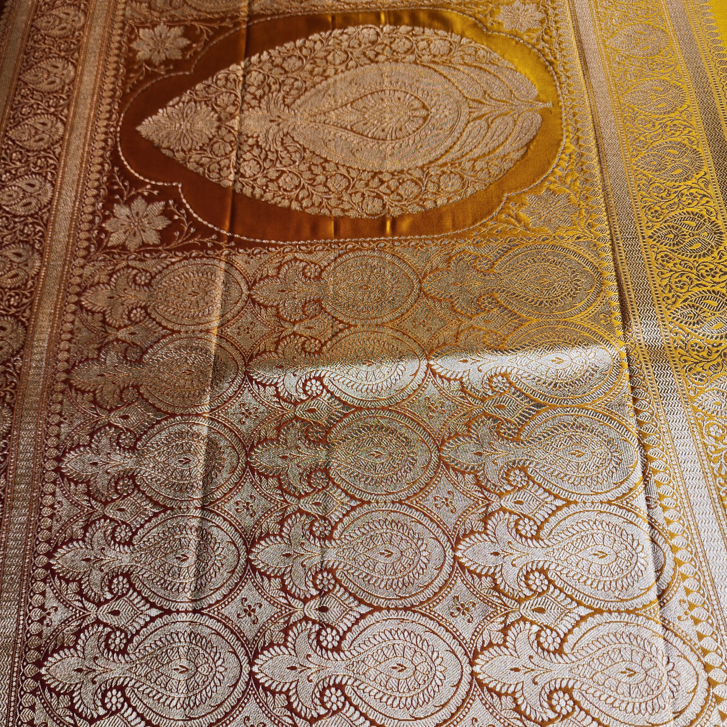 Rich Marigold Yellow Pure Banarasi Katan Silk Saree with light Gold Zari Weaving