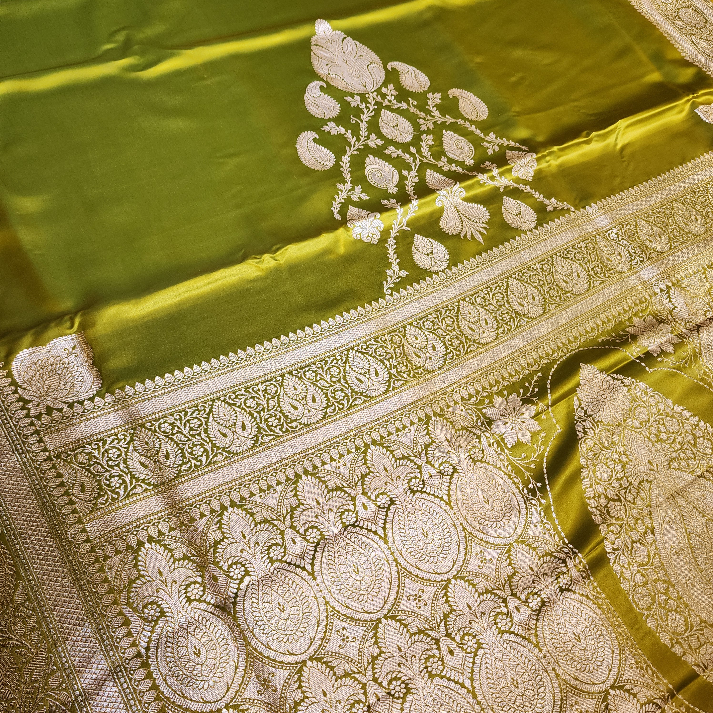 Olive Green Pure Banarasi Katan Silk Saree with light Gold Zari Weaving