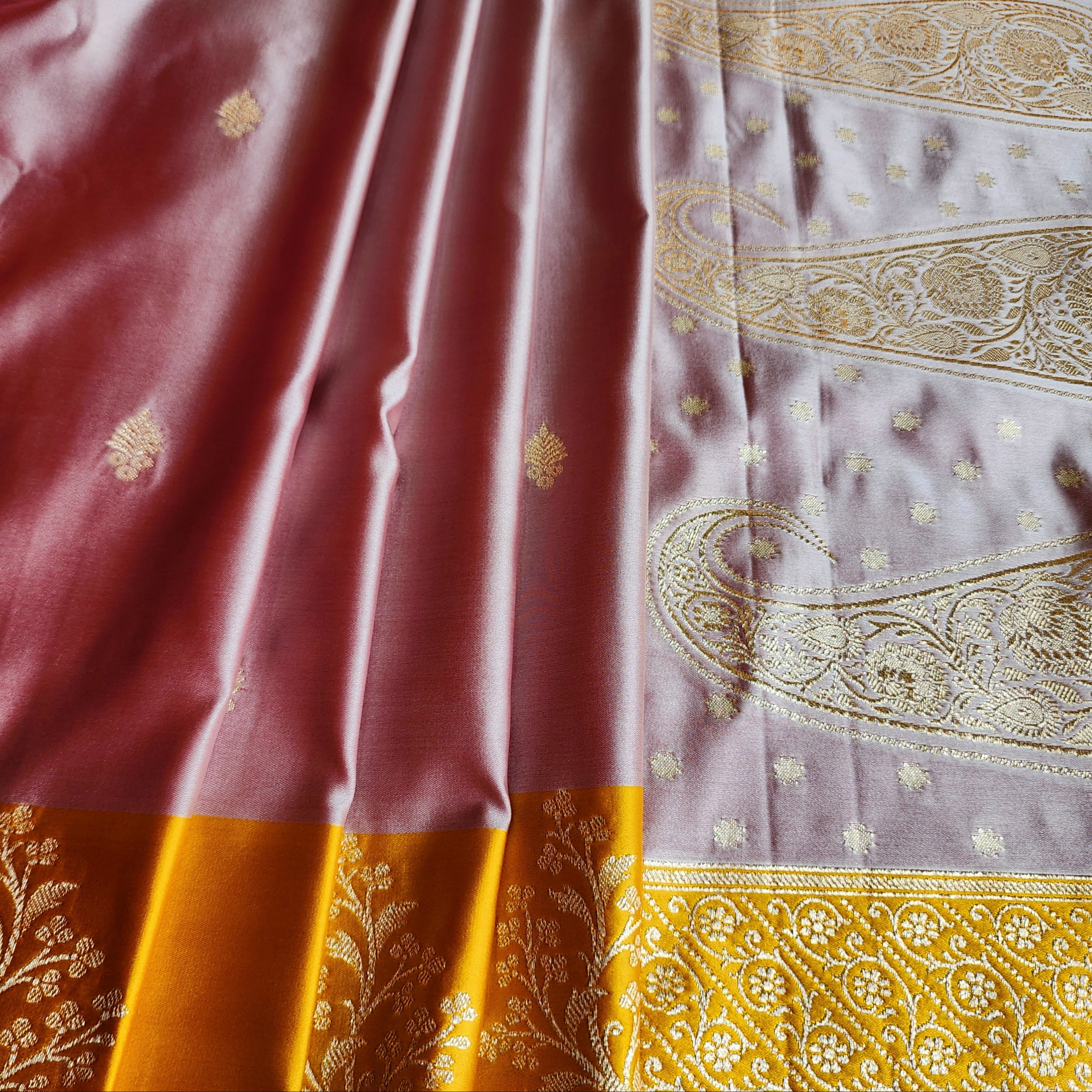 Dusty Rose Katan Silk Saree with Mustard Yellow Gold Zari Border