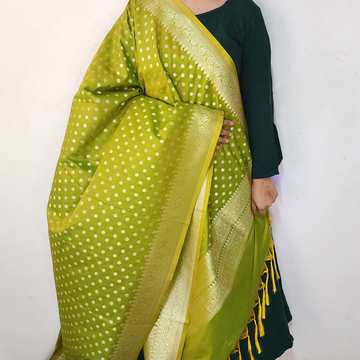 Olive Green Banarasi Silk Dupatta with Gold Polka Dot