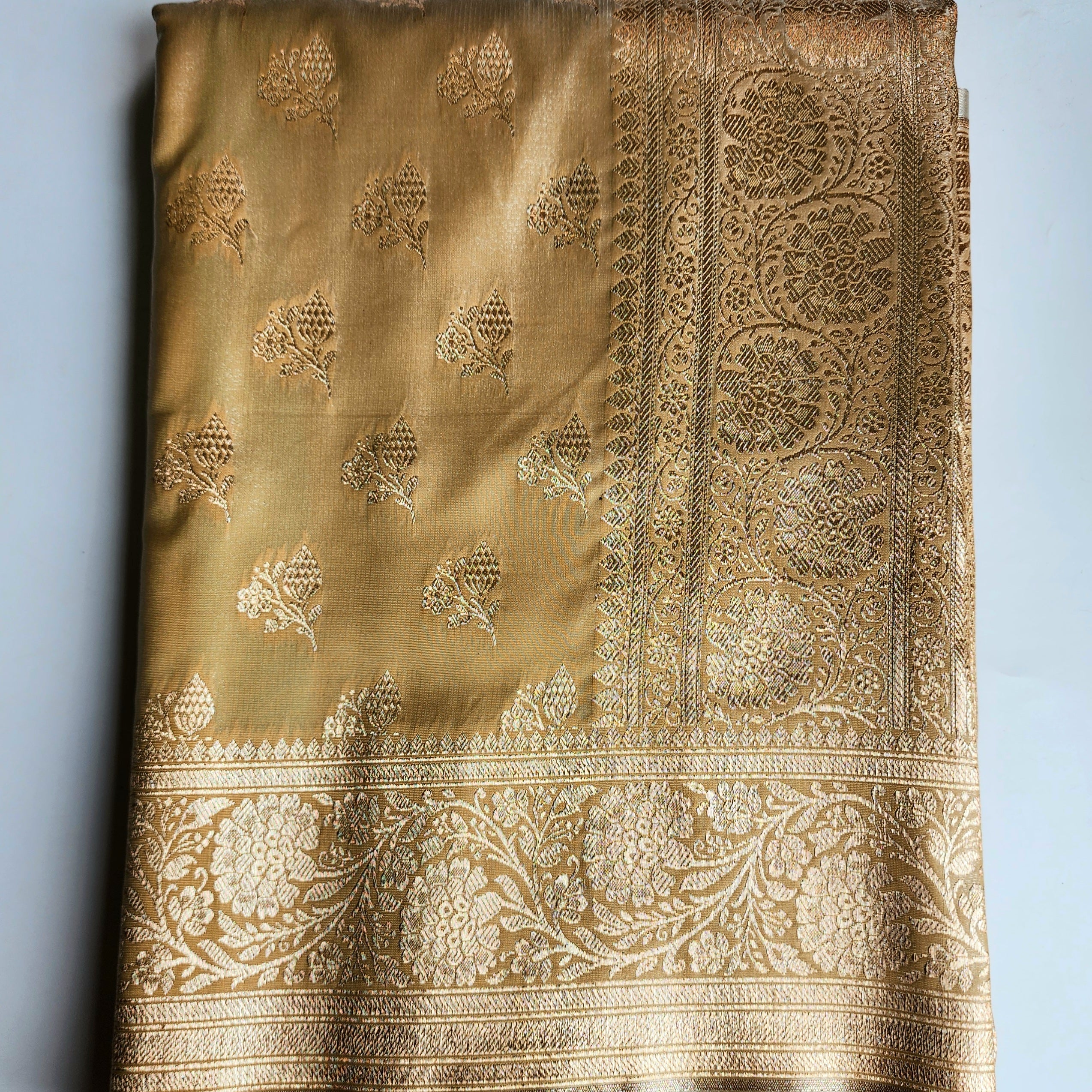 Rich Beige Gold Banarasi Silk Saree with Gold Zari Weaving