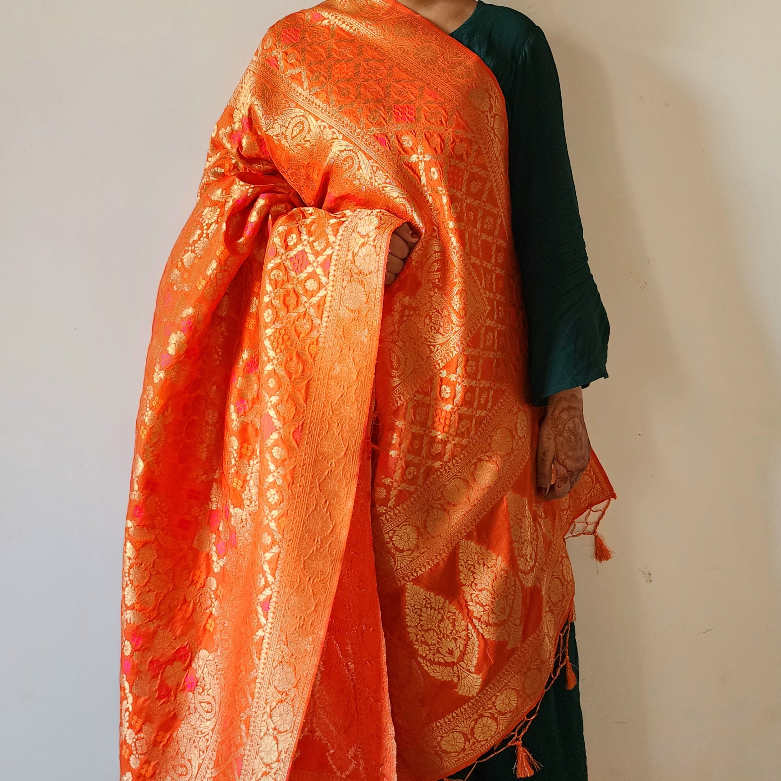 Burnt Orange Bandhani Dupatta with Floral and Geometric Zari Weave