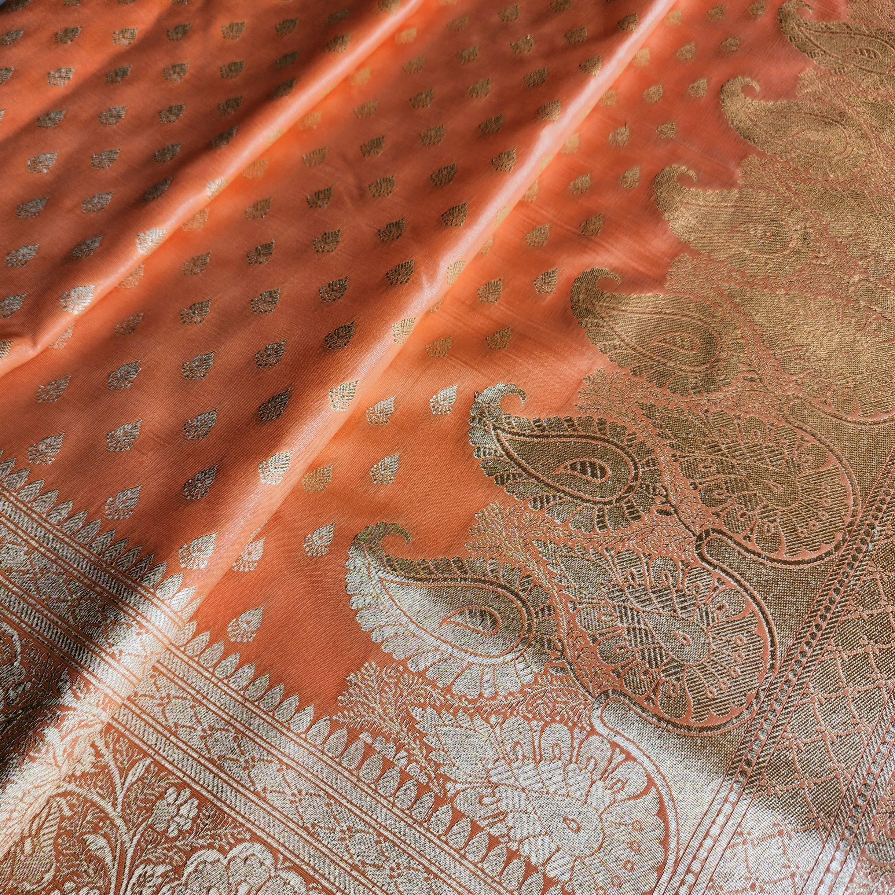 Rich Burnt Orange Banarasi Silk Saree with Gold Zari Weaving