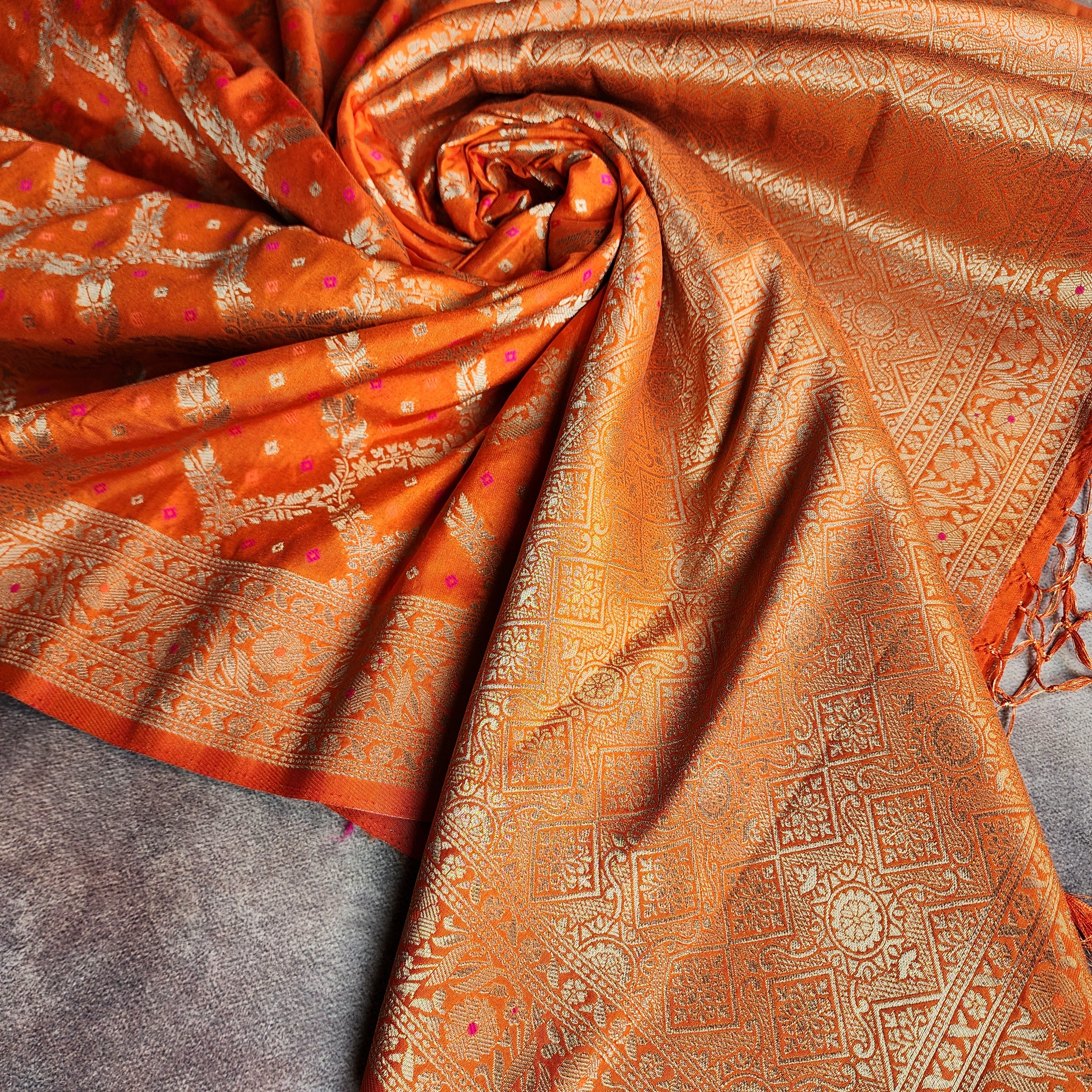 Rust Orange Bandhani Dupatta with Traditional Jaal