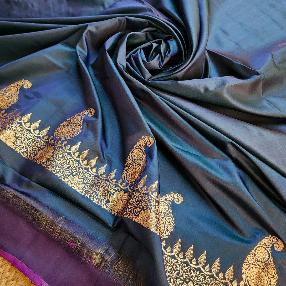 Midnight Blue Paisley Katan Silk Saree with Gold Zari