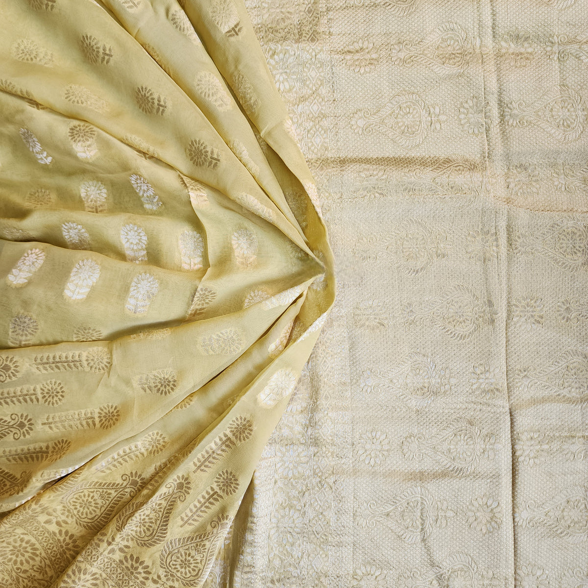 Yellow Khaddi Georgette Pure Banarasi Saree with Gold Zari