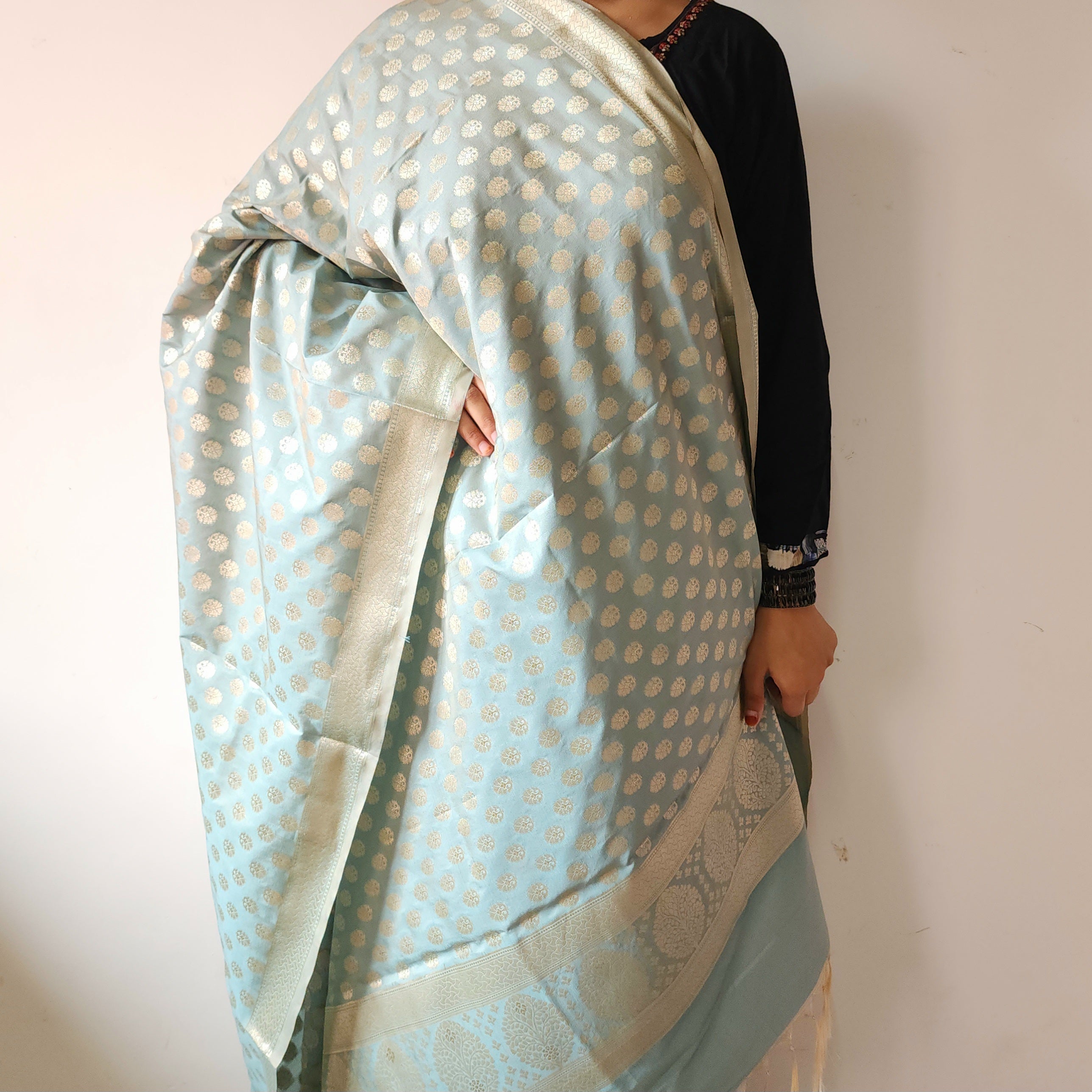 Dusty Mint Banarasi Dupatta with Soft Polka Dots