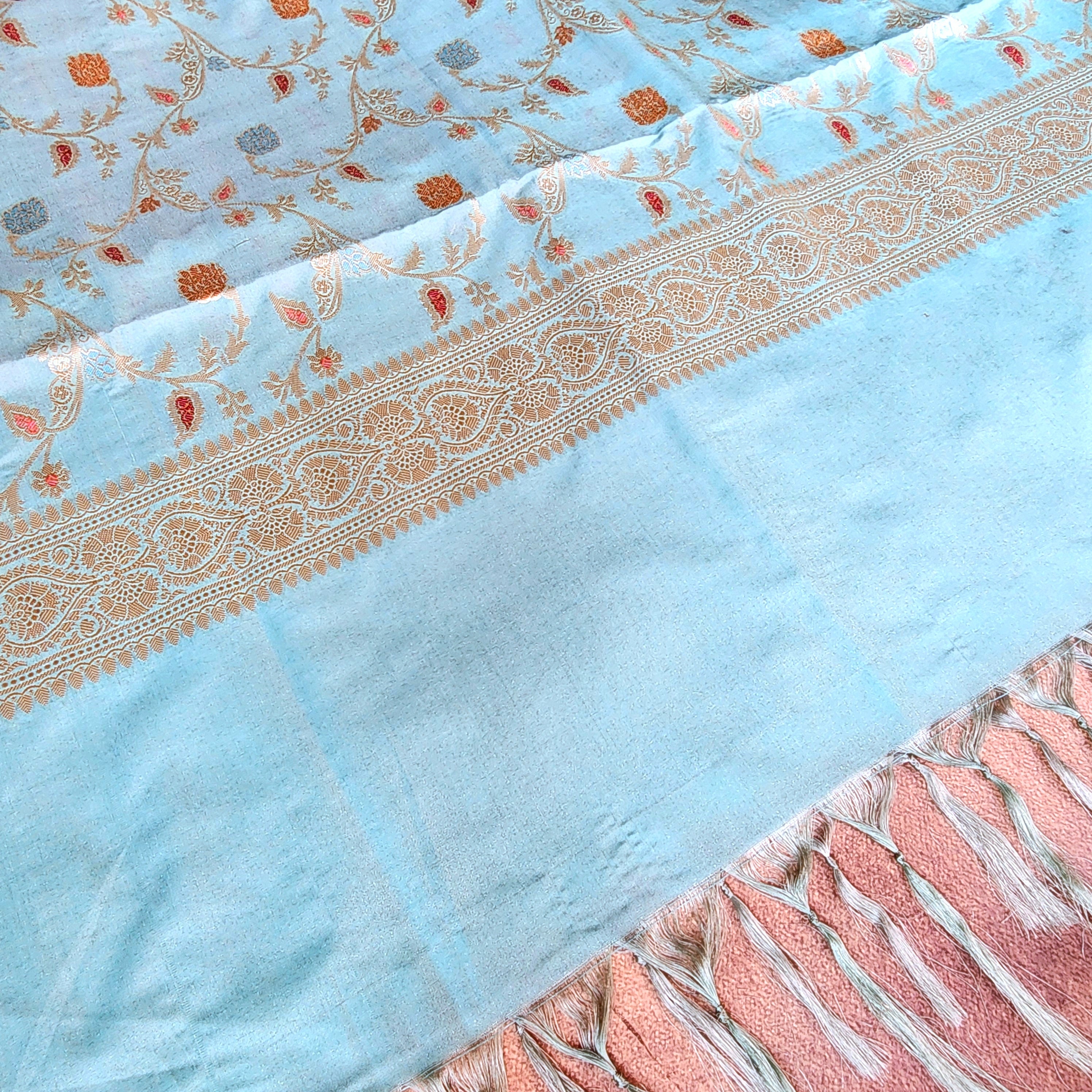 Pastel Sky Blue Banarasi Silk Dupatta with Gold Zari Border & Multicolor Meenakari Work