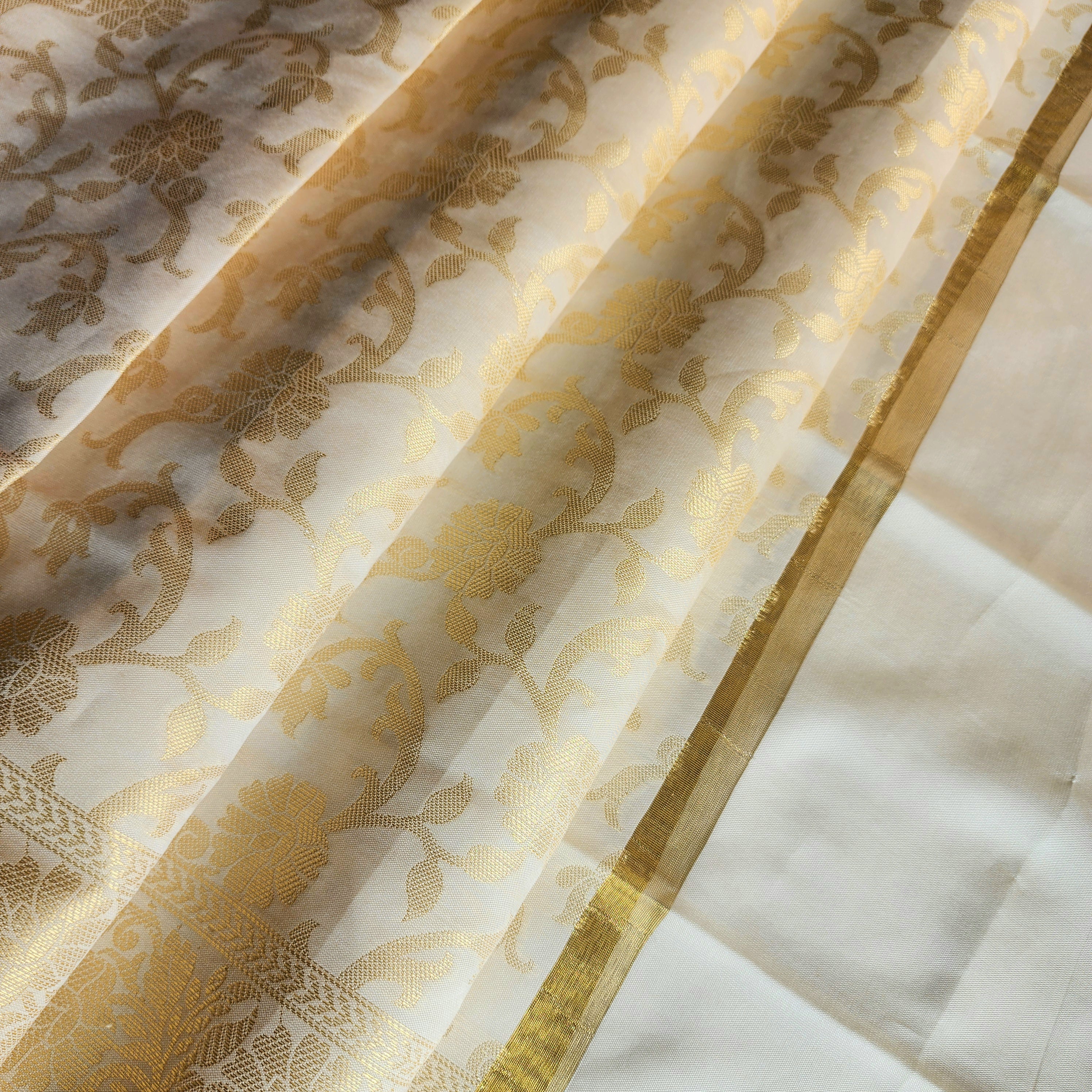 White Banarasi Tapetta Silk Dupatta with Gold Floral Weave