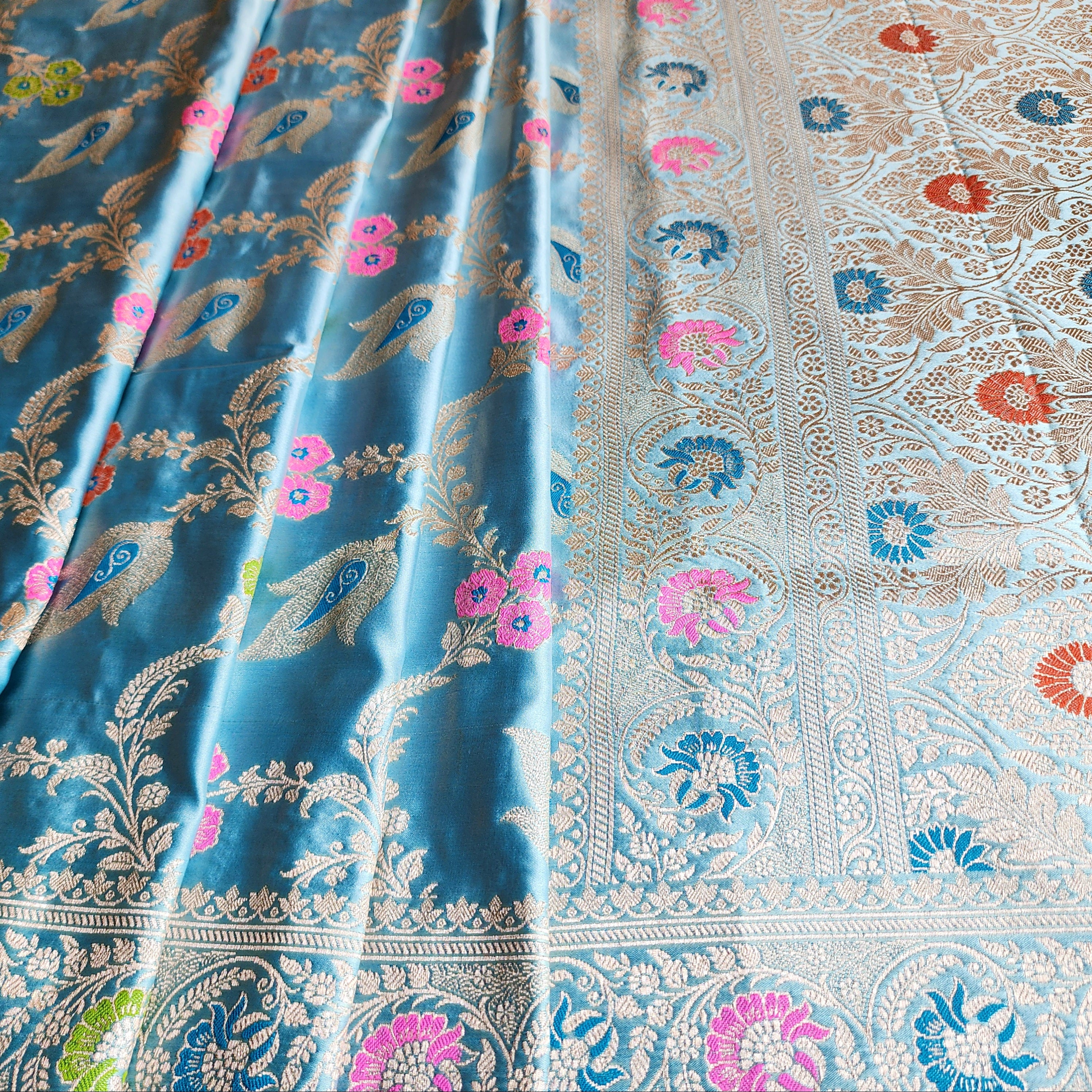 Enriched Powder Blue Banarasi Katan Silk Saree with Multicolor Meenakari Floral Jaal
