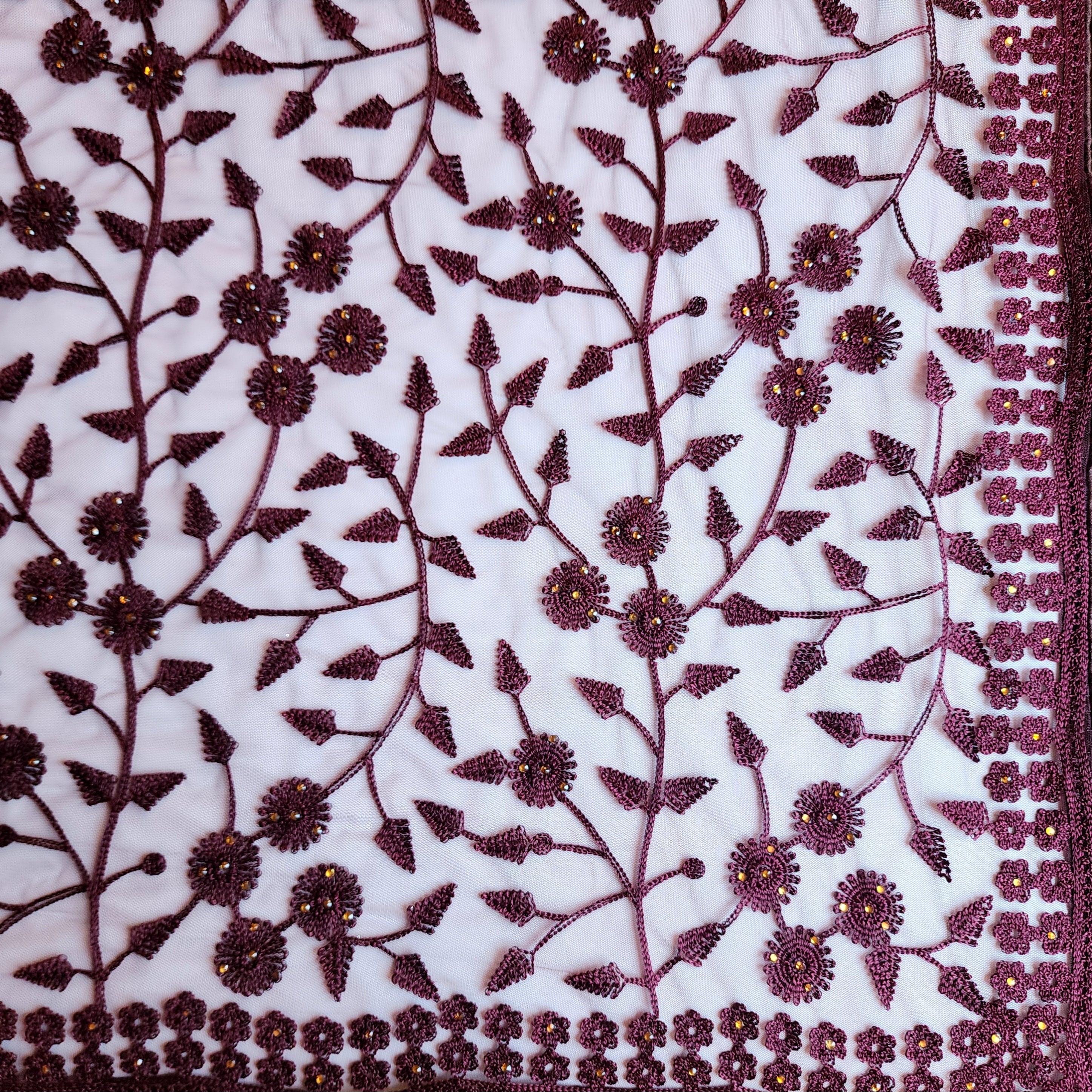 Embroidered Net Designer Saree in Wine