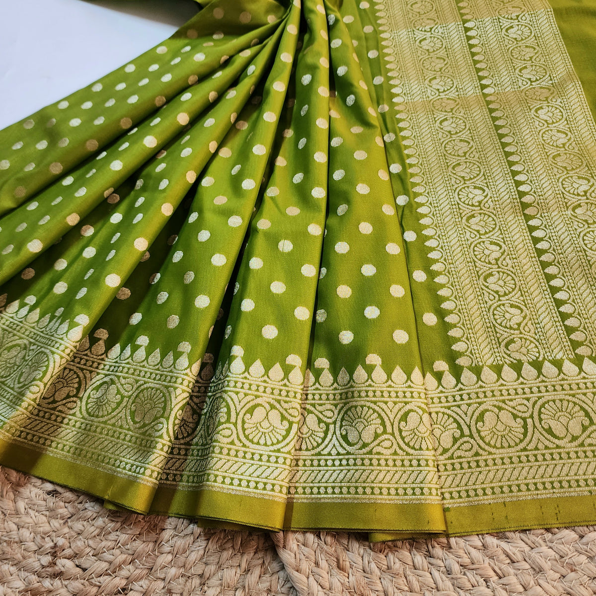 Olive Green Banarasi Silk Dupatta with Gold Polka Dot
