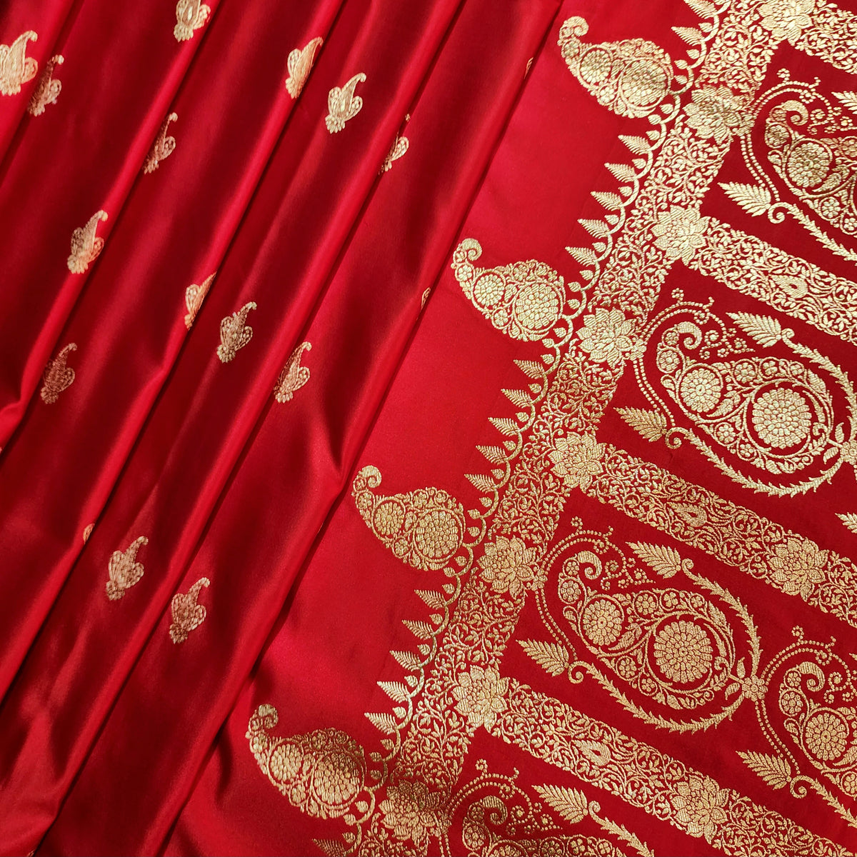 Red Paisley Katan Silk Saree with Gold Zari