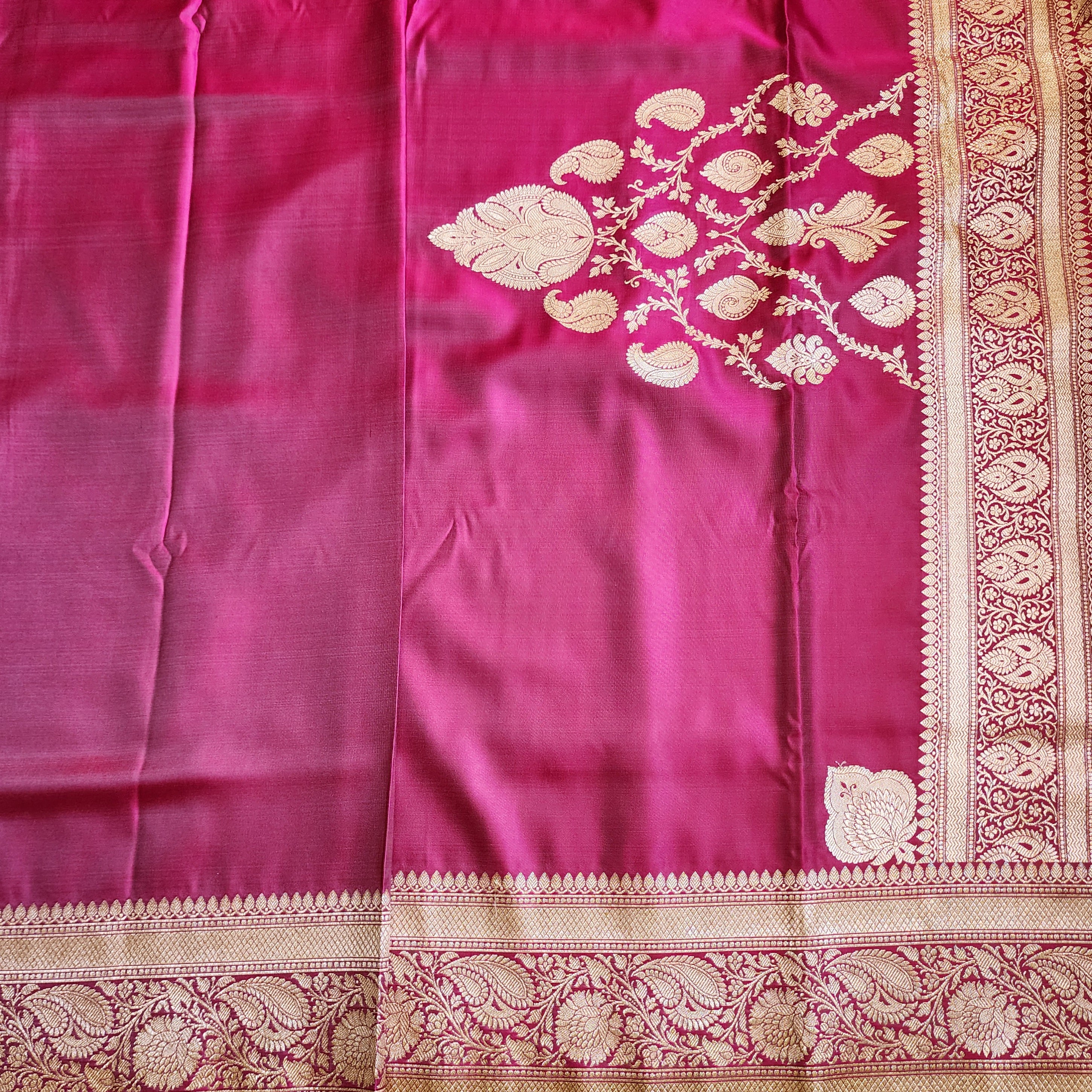 Hot Pink Pure Banarasi Katan Silk Saree with light Gold Zari Weaving
