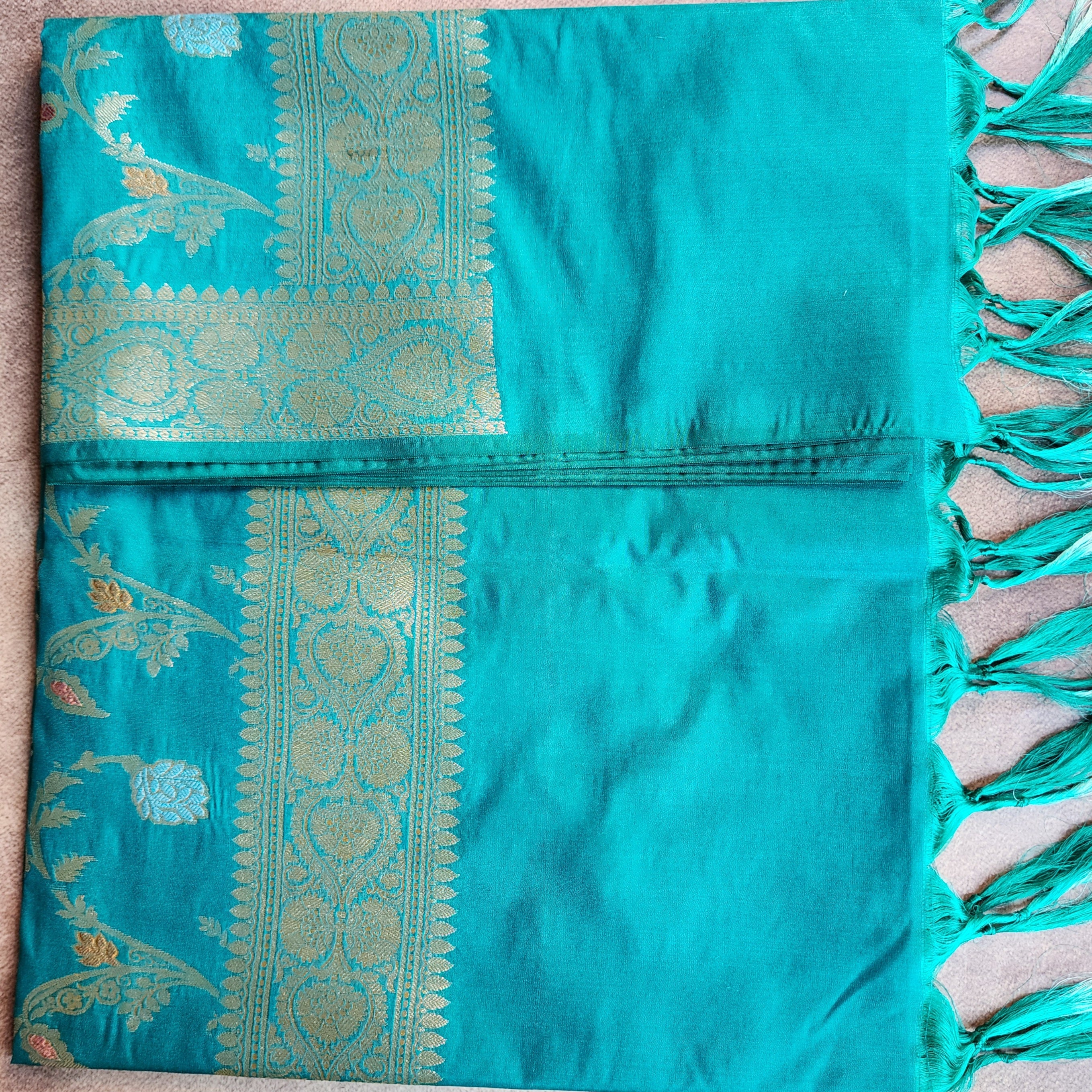 Teal Green Banarasi Silk Dupatta with Gold Zari Border & Multicolor Meenakari Work