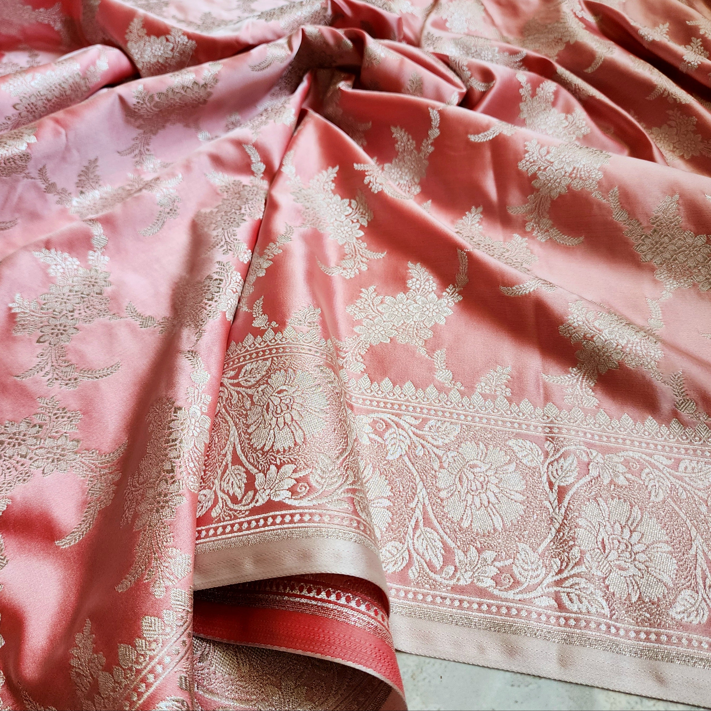 Blush Coral Banarasi Katan Silk Saree with Floral Vine Jaal