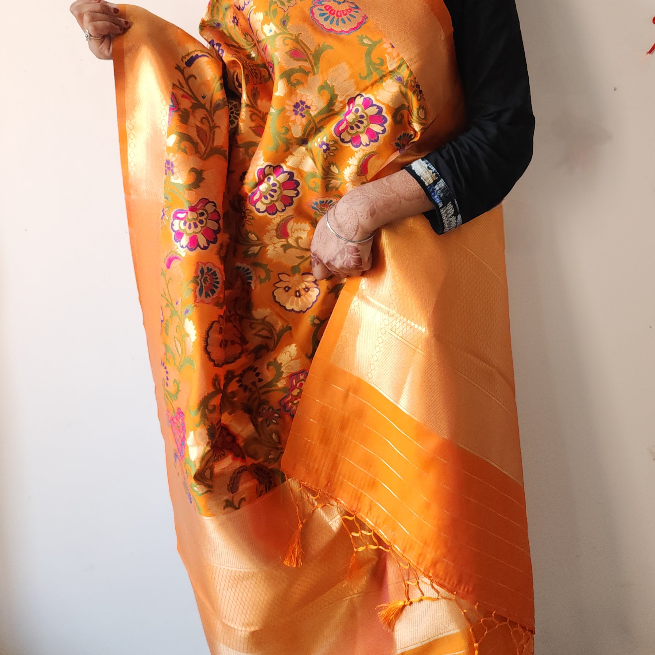 Banarasi Silk Orange Dupatta with Multicolor & Gold Floral Handweaving