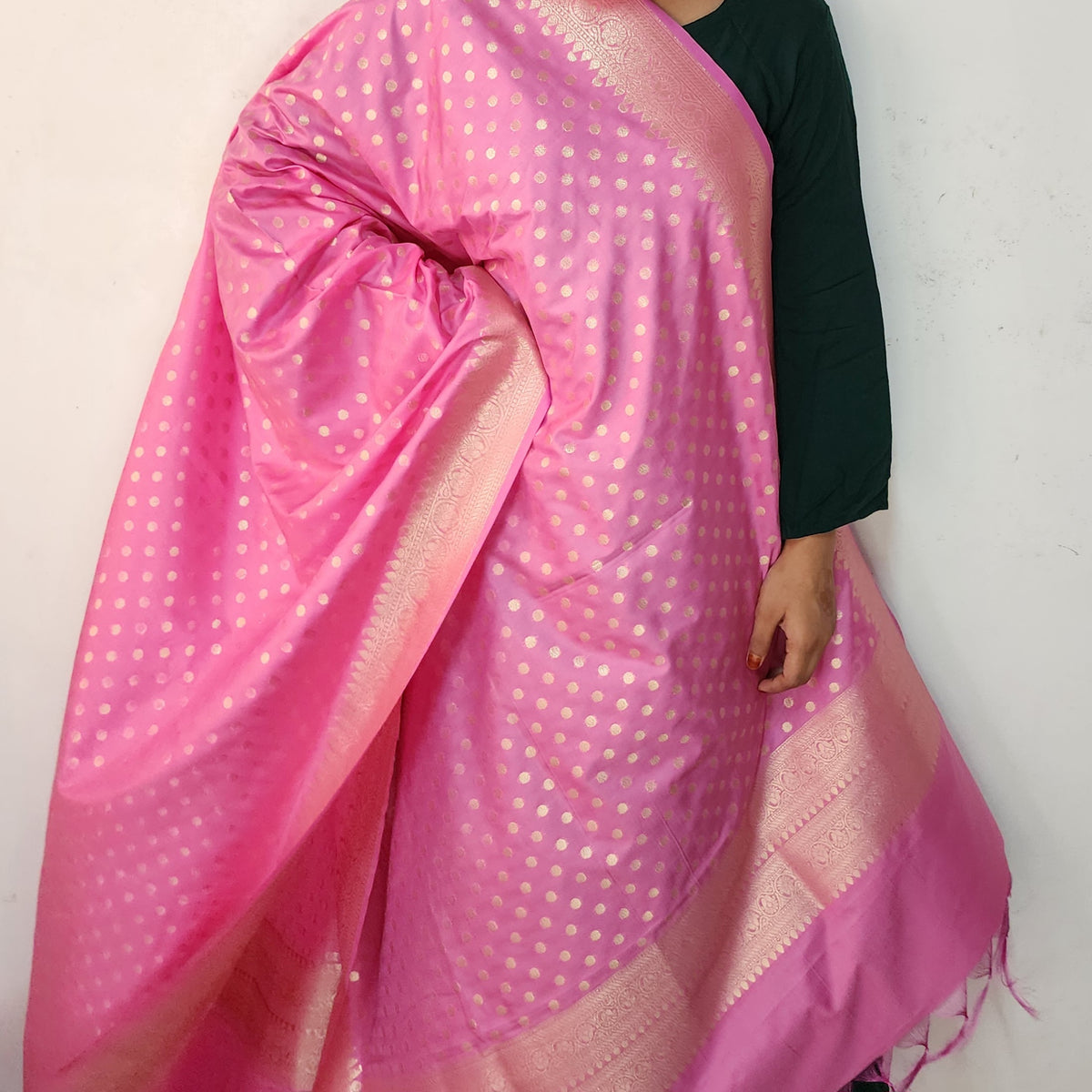 Rani Pink Banarasi Silk Dupatta with Gold Polka Dot