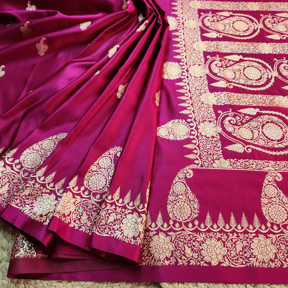 Rani Pink Paisley Katan Silk Saree with Gold Zari