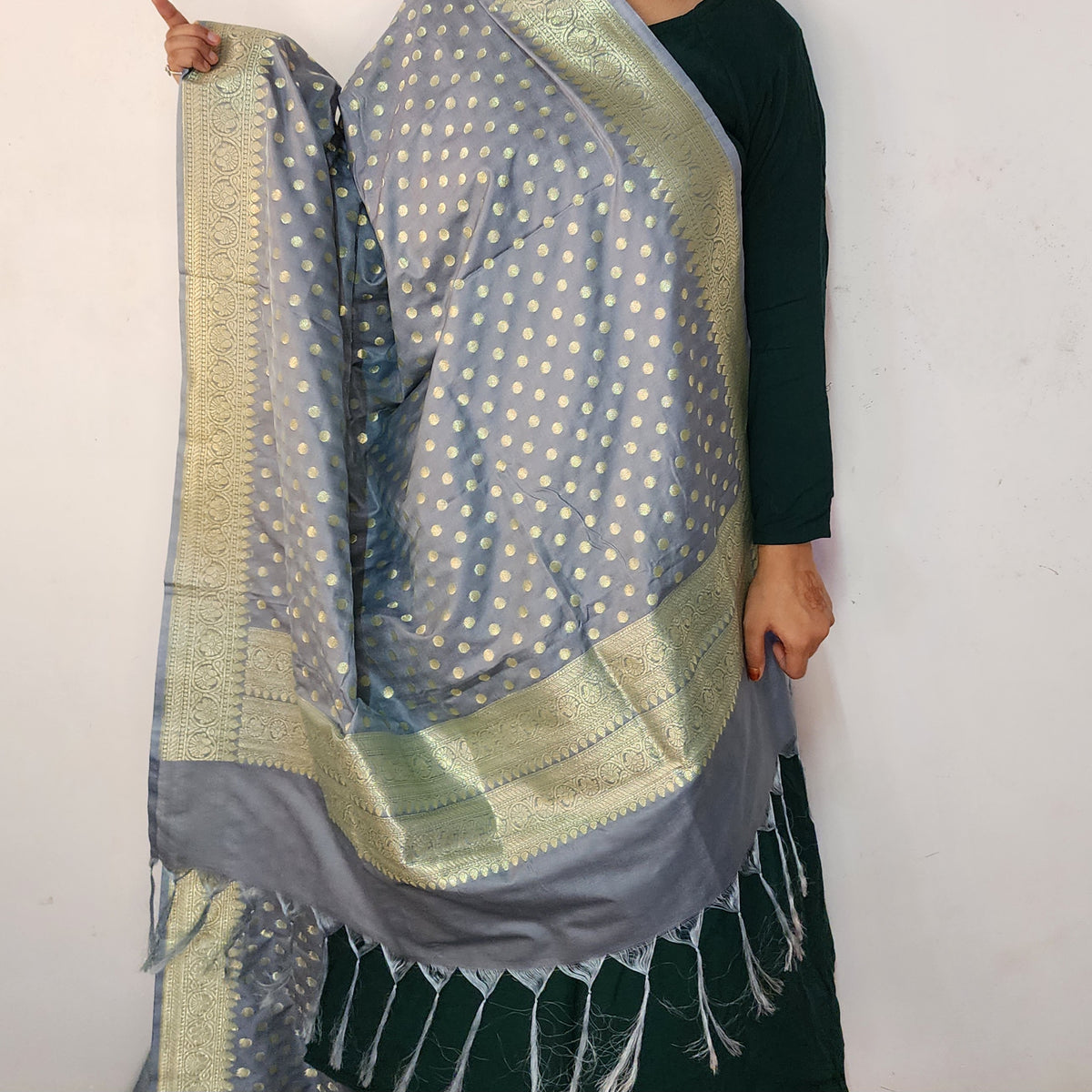 Slate Blue Banarasi Silk Dupatta with Gold Polka Dot