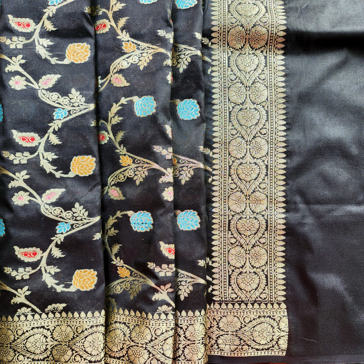 Black Banarasi Silk Dupatta with Gold Zari Border & Multicolor Meenakari Work