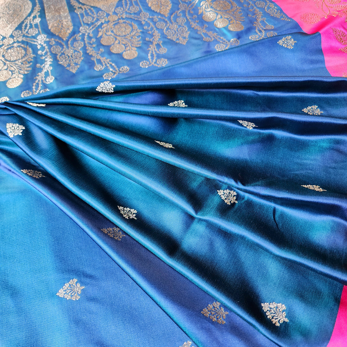 Midnight Blue Pure Banarasi Katan Silk Saree with Rani Pink Border