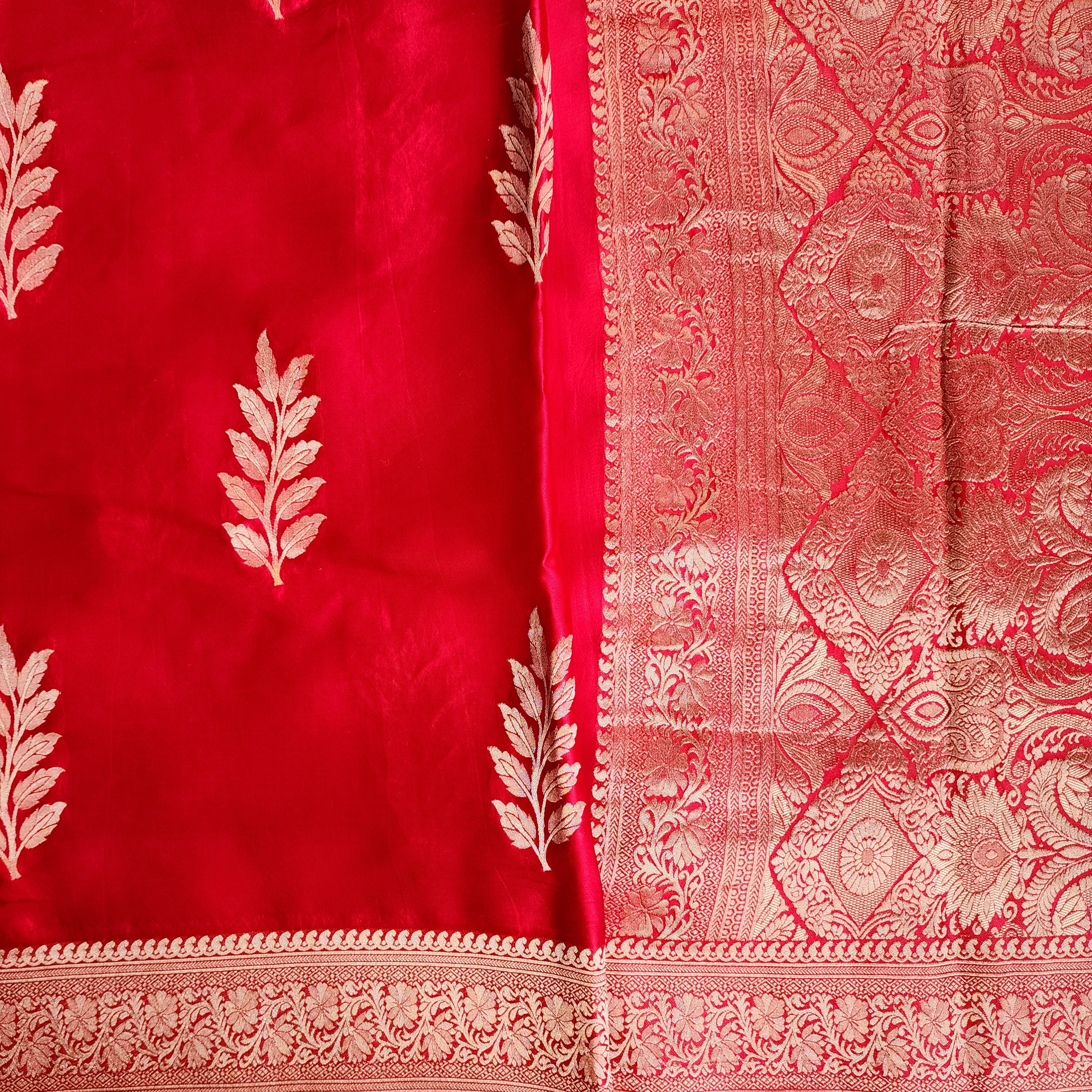 Bright Red Mashru Katan Silk Saree with Gold Weave