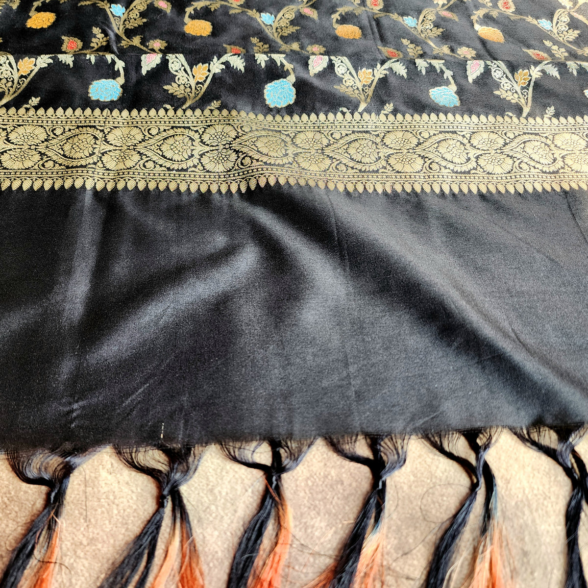 Black Banarasi Silk Dupatta with Gold Zari Border & Multicolor Meenakari Work