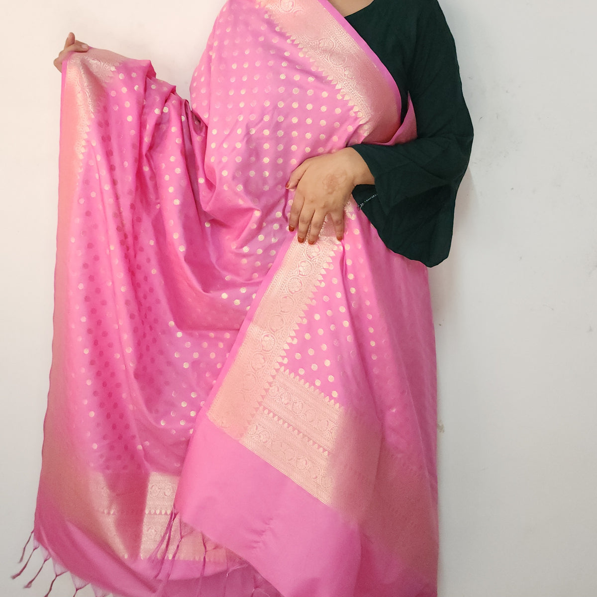 Rani Pink Banarasi Silk Dupatta with Gold Polka Dot