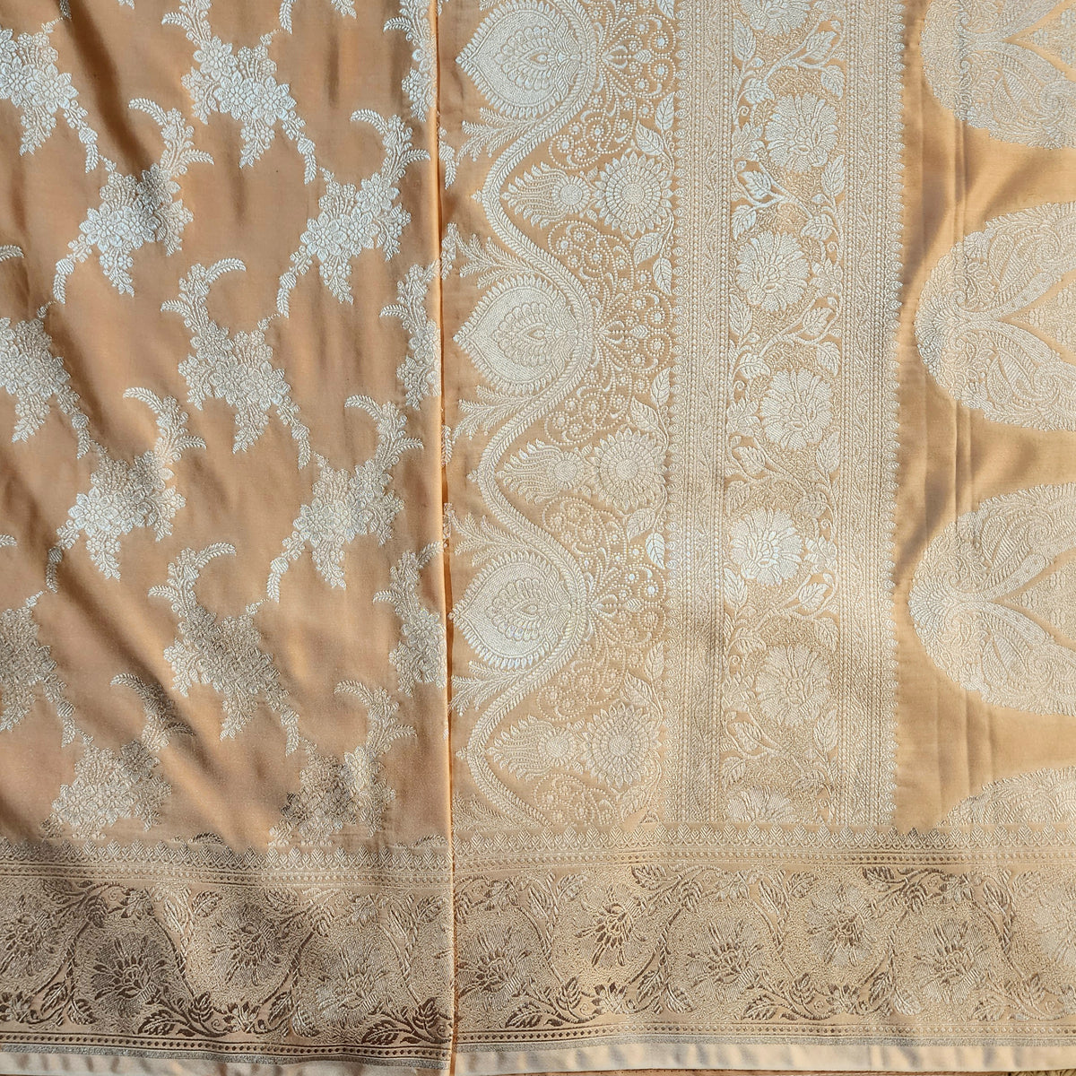 Peach Beige Banarasi Katan Silk Saree with Floral Vine Jaal