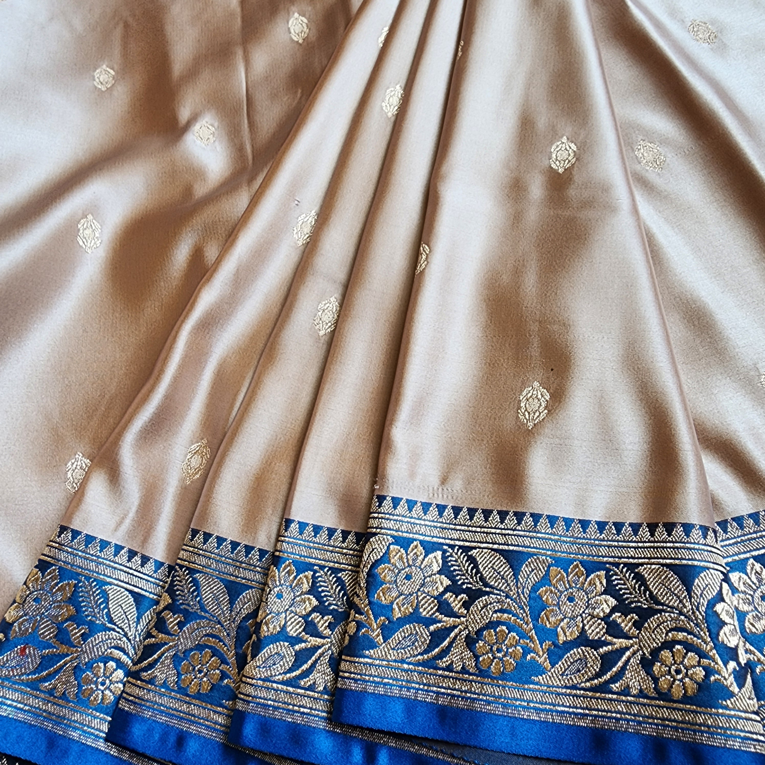 Champagne Beige Katan Silk Saree with Royal Blue and Gold Zari Border