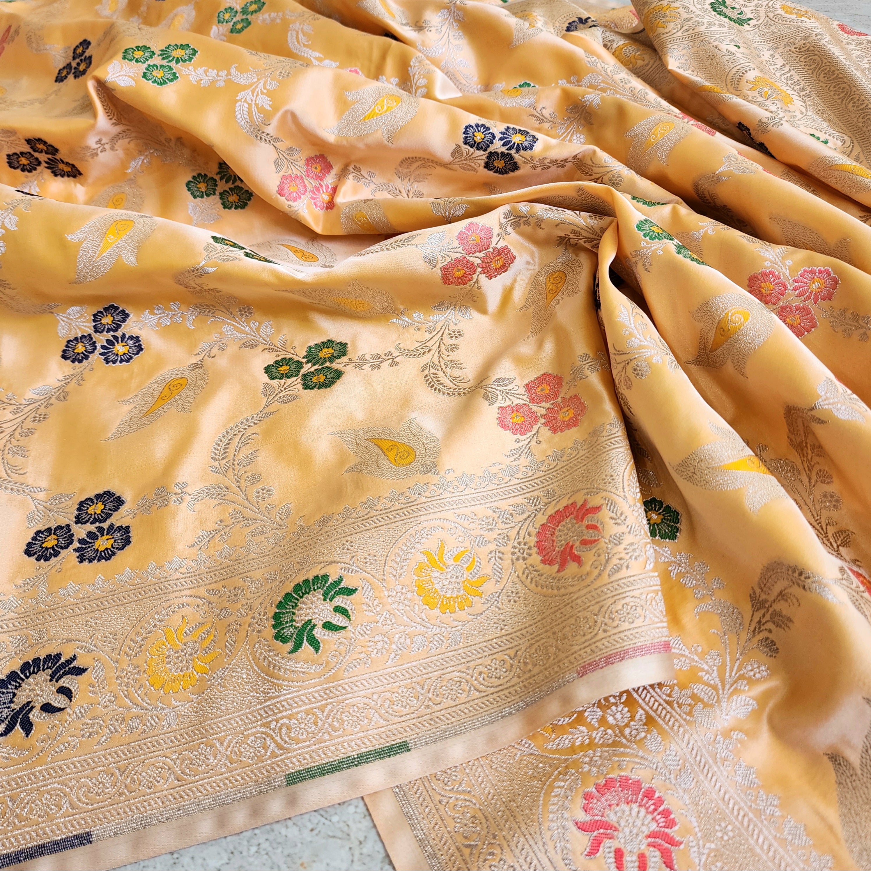 Enriched Light Orange Banarasi Katan Silk Saree with Multicolor Meenakari Floral Jaal