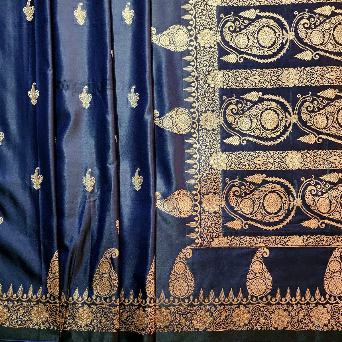 Navy Blue Paisley Katan Silk Saree with Gold Zari