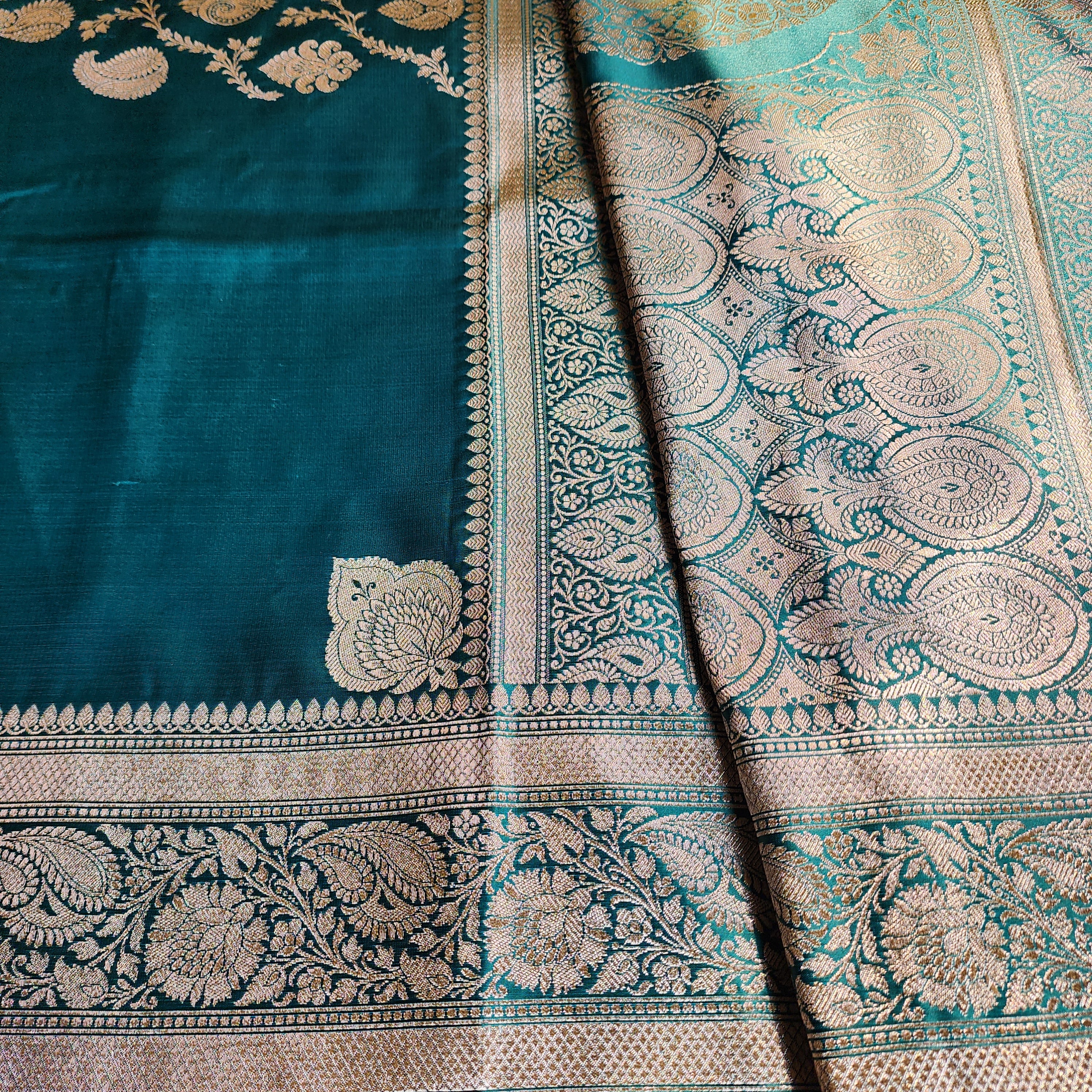 Dhoop Chhaon Teal Green Banarasi Katan Silk Saree