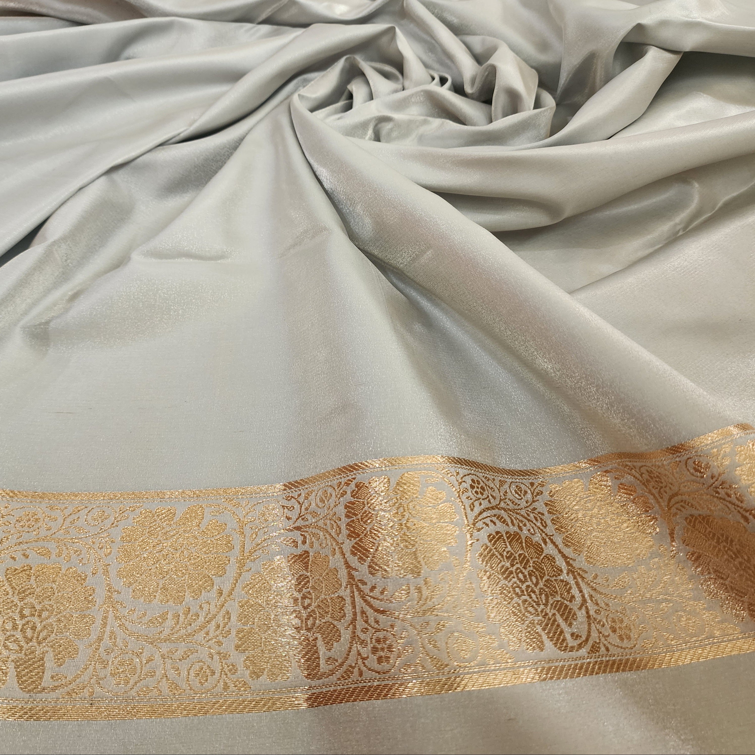 Rich Silver Grey Banarasi Silk Saree with Gold Zari Weaving