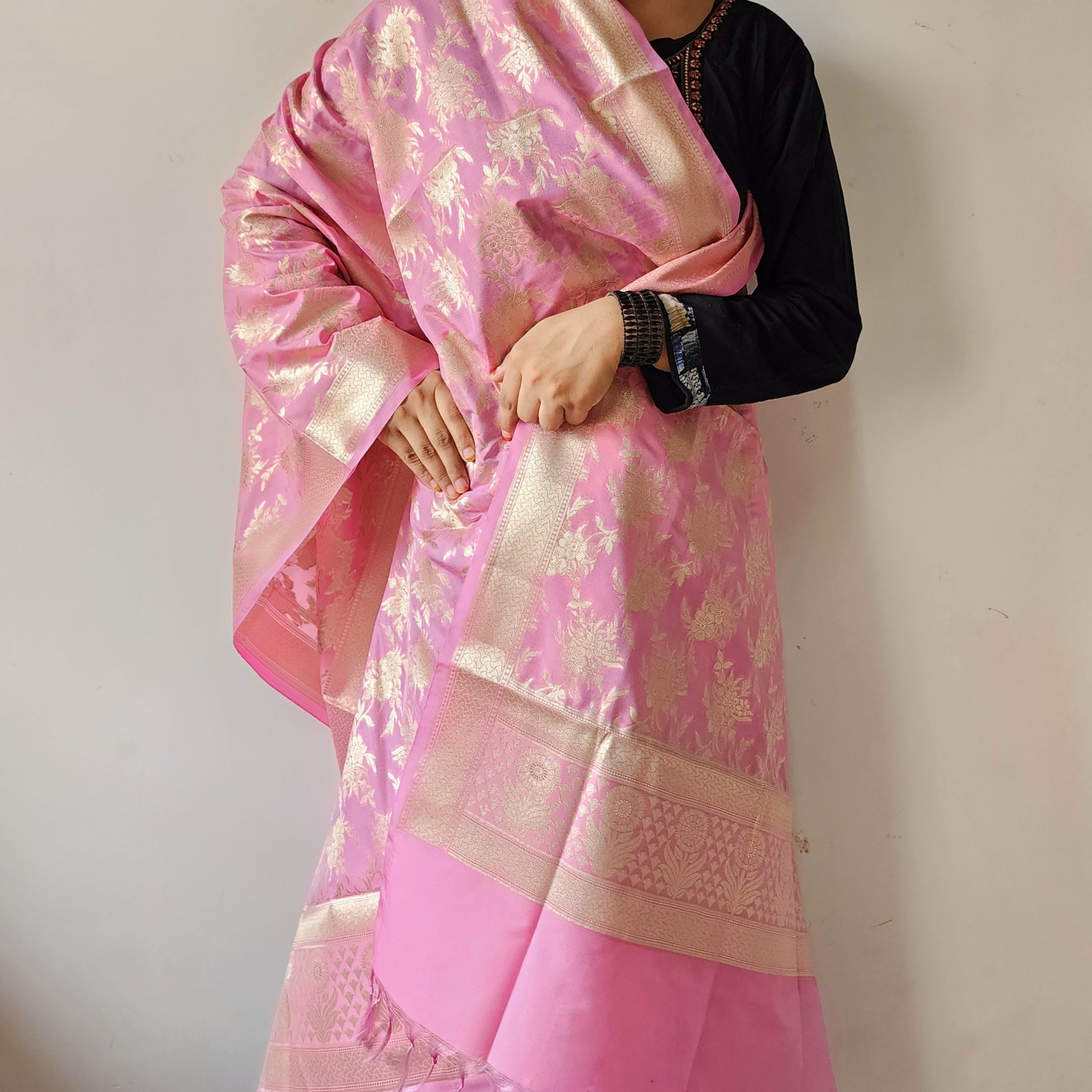 Vibrant Pink Banarasi Dupatta - Floral Brocade Zari