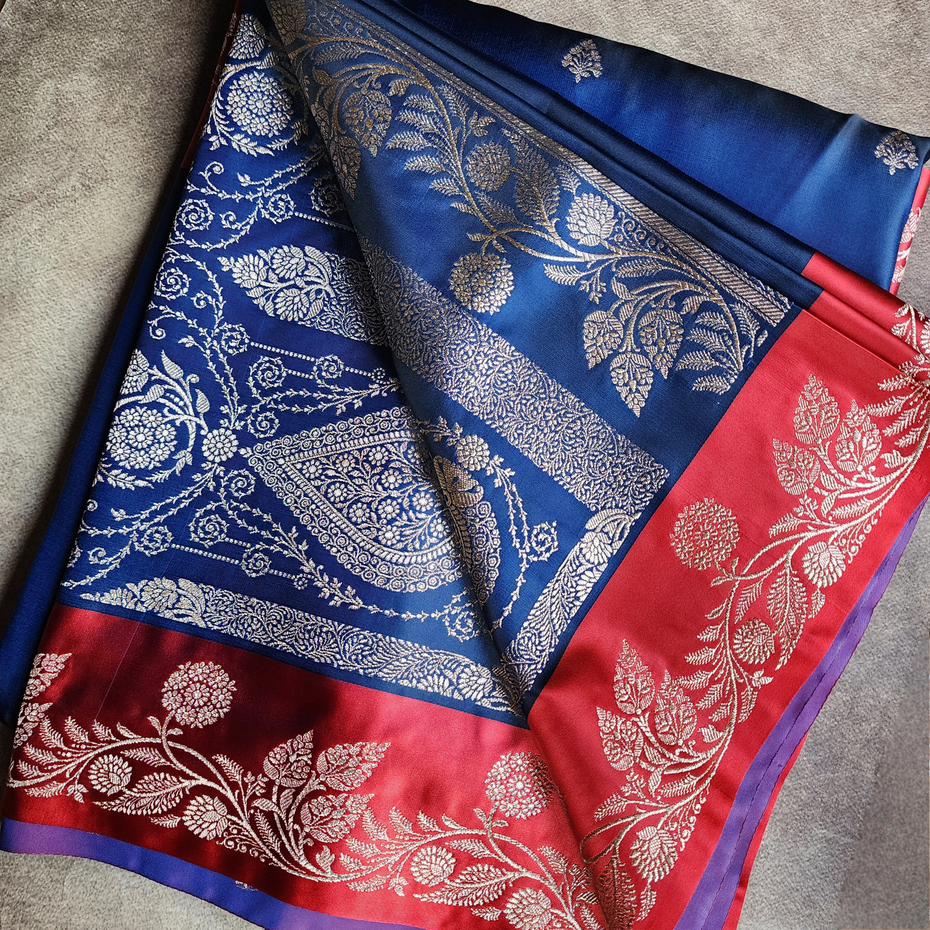Navy Blue Pure Banarasi Katan Silk Saree with Vermilion Red Border
