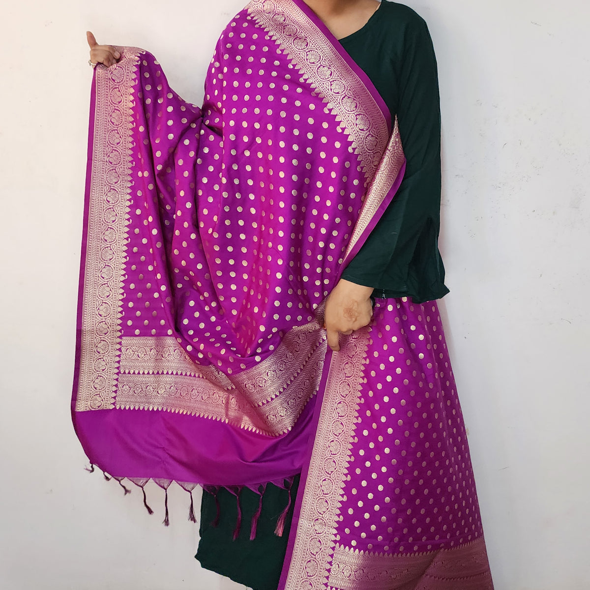 Magenta Purple Banarasi Silk Dupatta with Gold Polka Dot