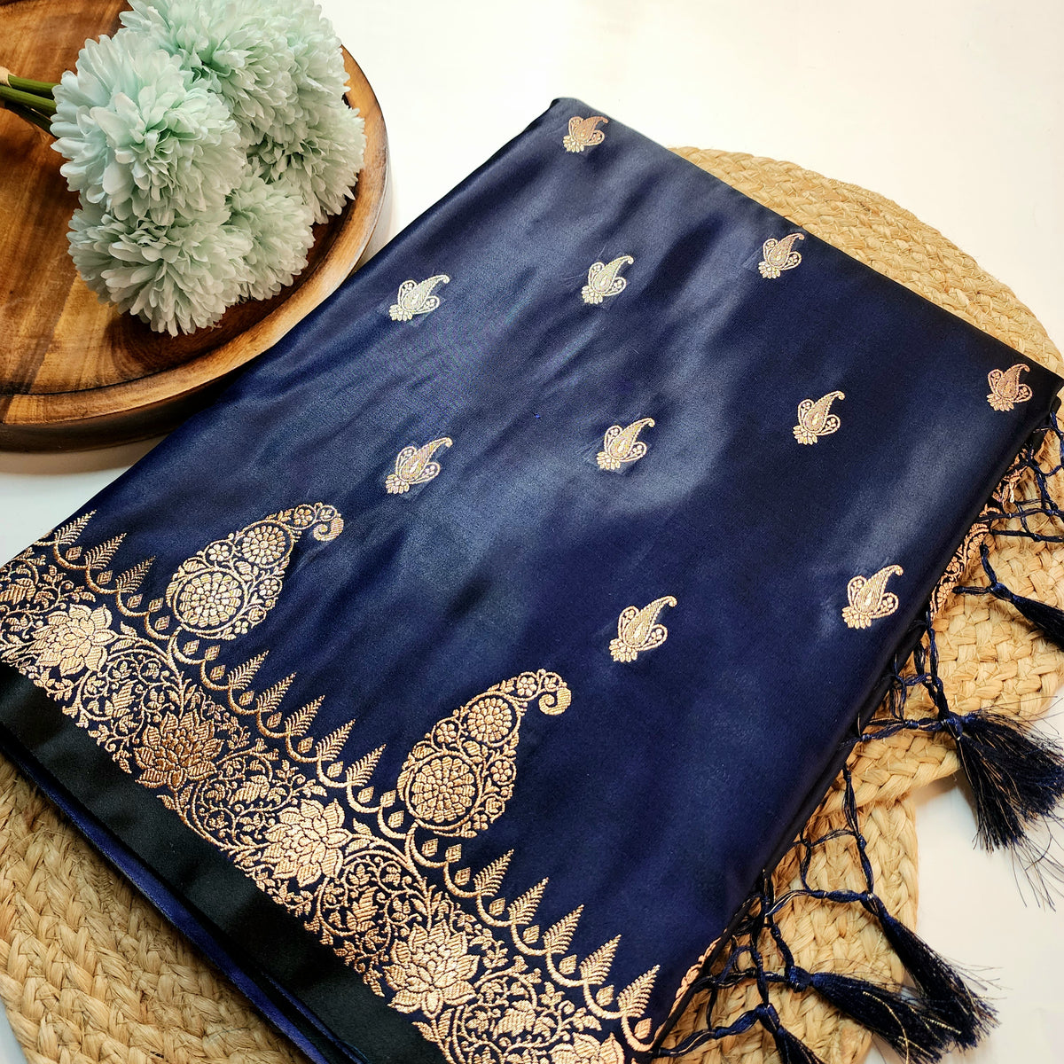 Navy Blue Paisley Katan Silk Saree with Gold Zari
