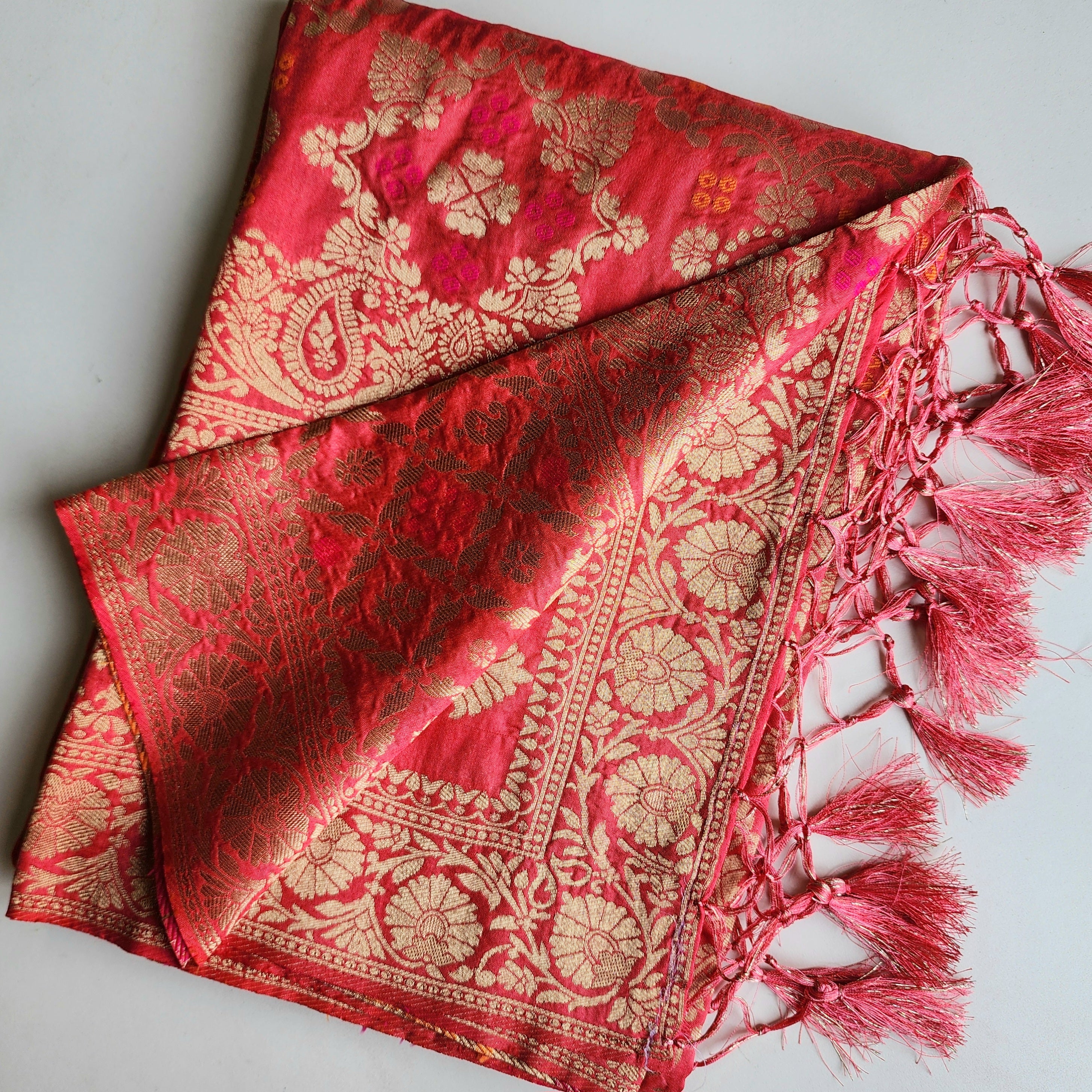 Rose Pink Bandhani Dupatta with Floral and Geometric Zari Weave