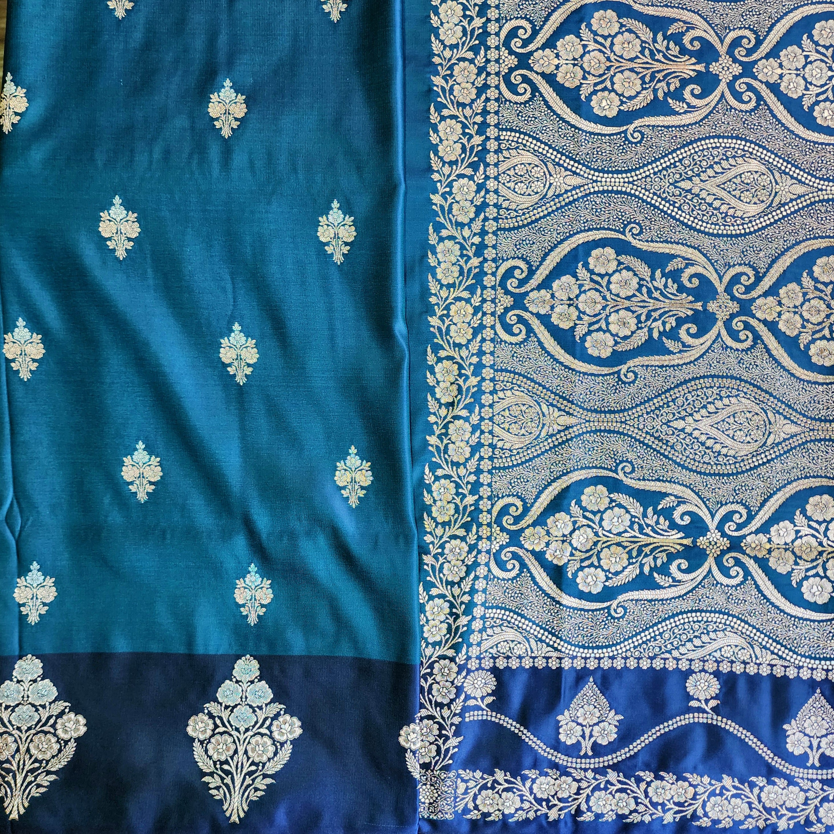 Dual-Tone Peacock Blue Pure Banarasi Katan Silk Saree