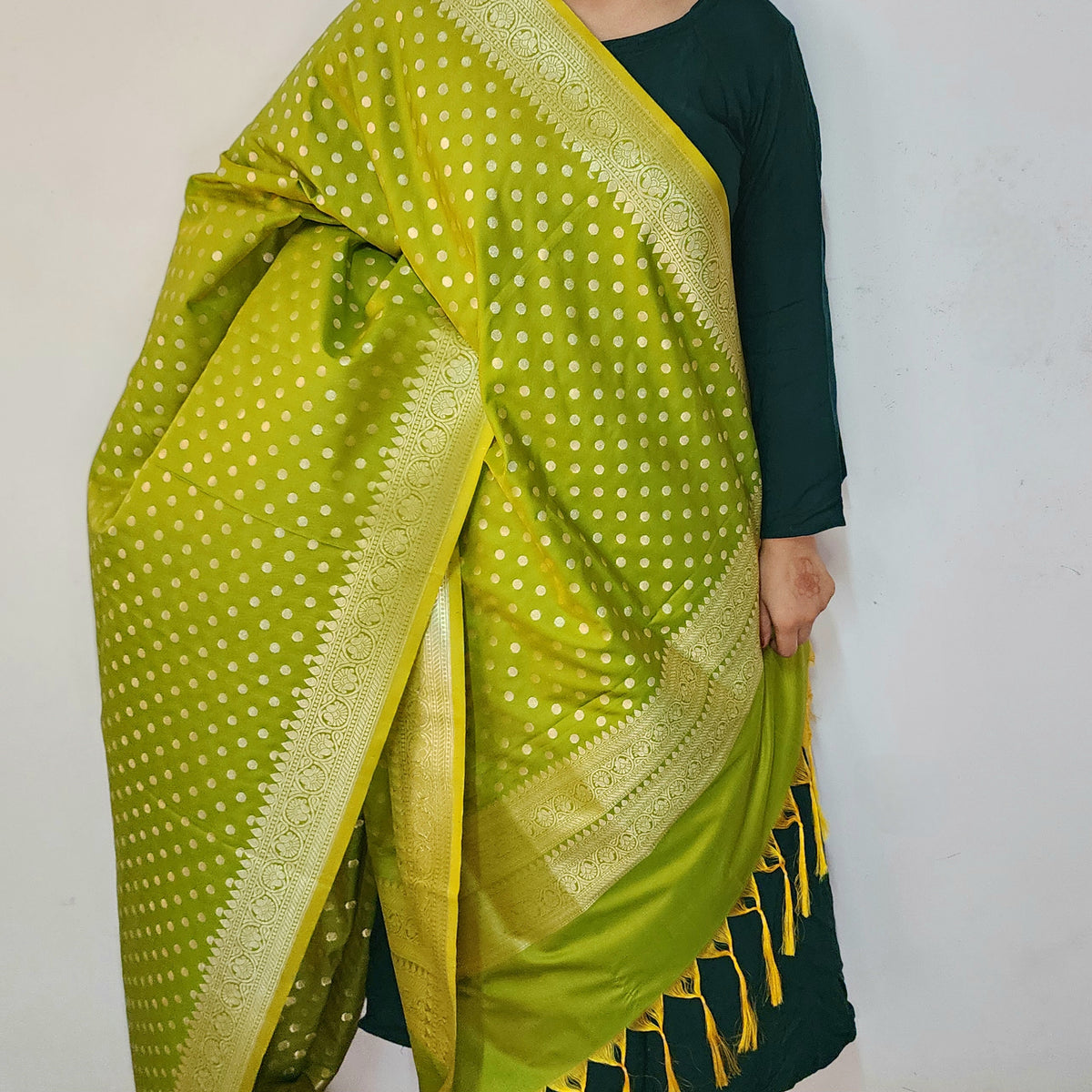 Olive Green Banarasi Silk Dupatta with Gold Polka Dot