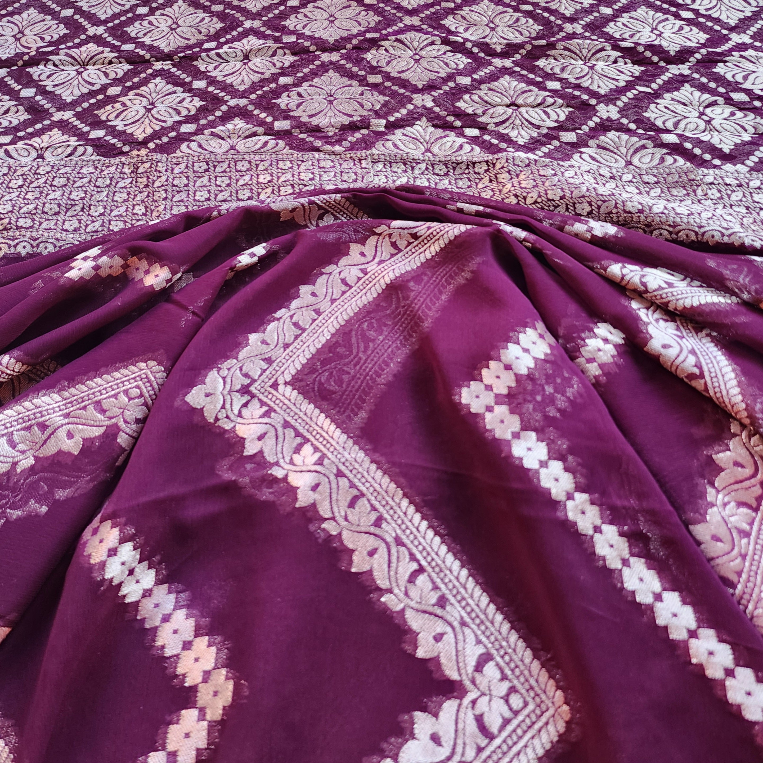 Dark Purple Khaddi Georgette Pure Banarasi Saree with Silver Zari